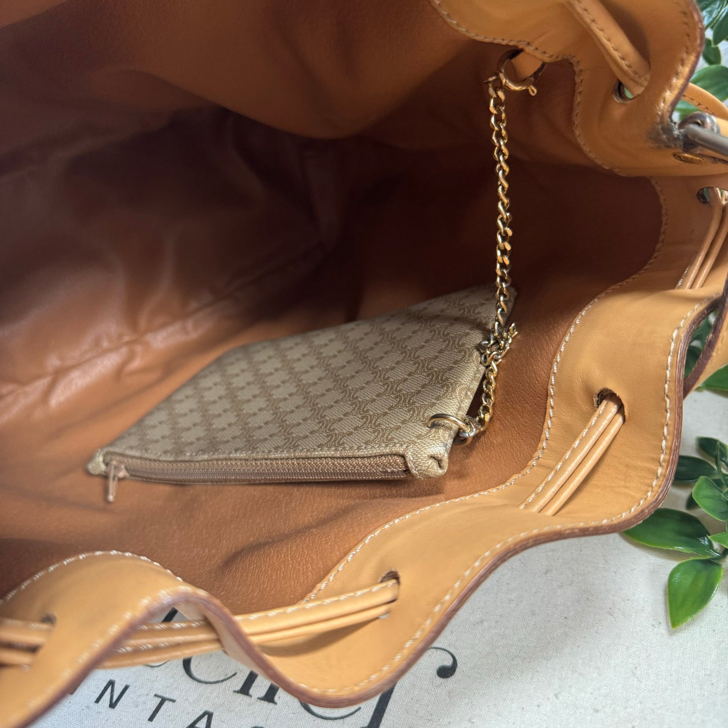 Celine Beige Macadam Bucket Bag with Pouch
