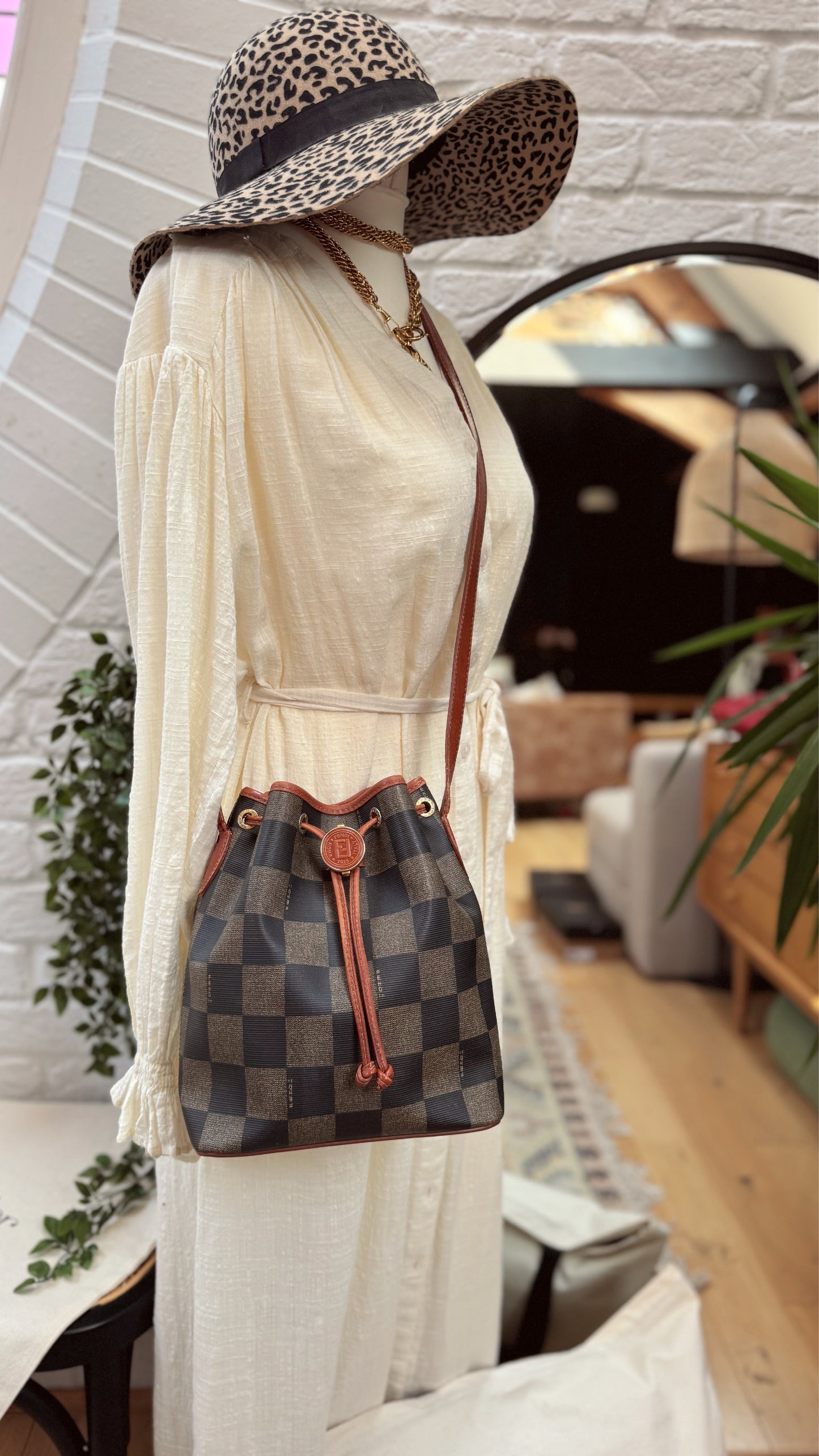 Fendi Pequin Checkerboard Print Bucket Bag