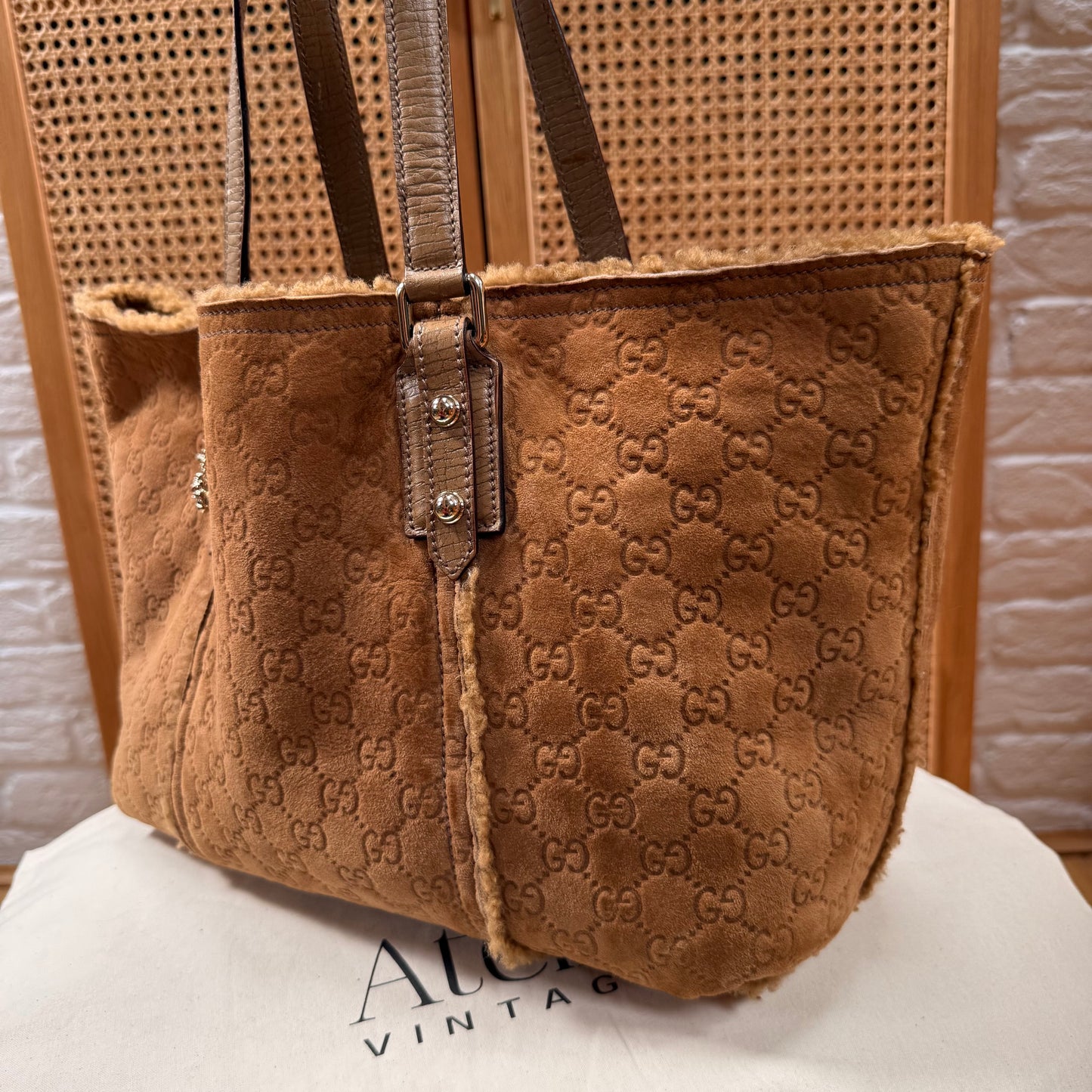 Gucci 2004 GG Monogram Sheepskin Shearling Iconic Charm Tote