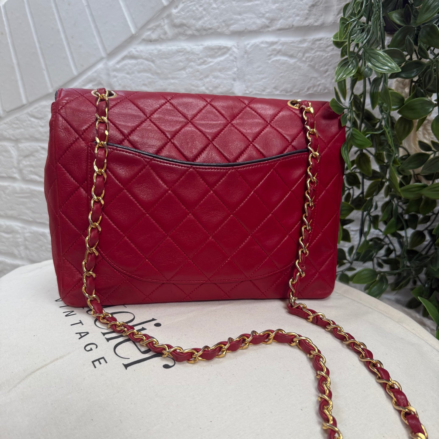 Chanel 1989 Rare Red with navy piping 25cm Square single flap