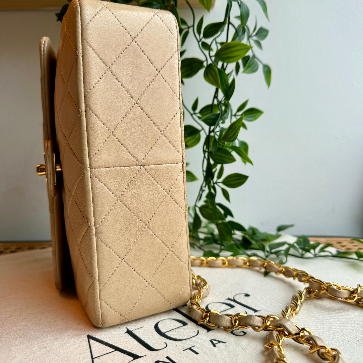Chanel 1991 Beige Square Classic Single Flap Medium