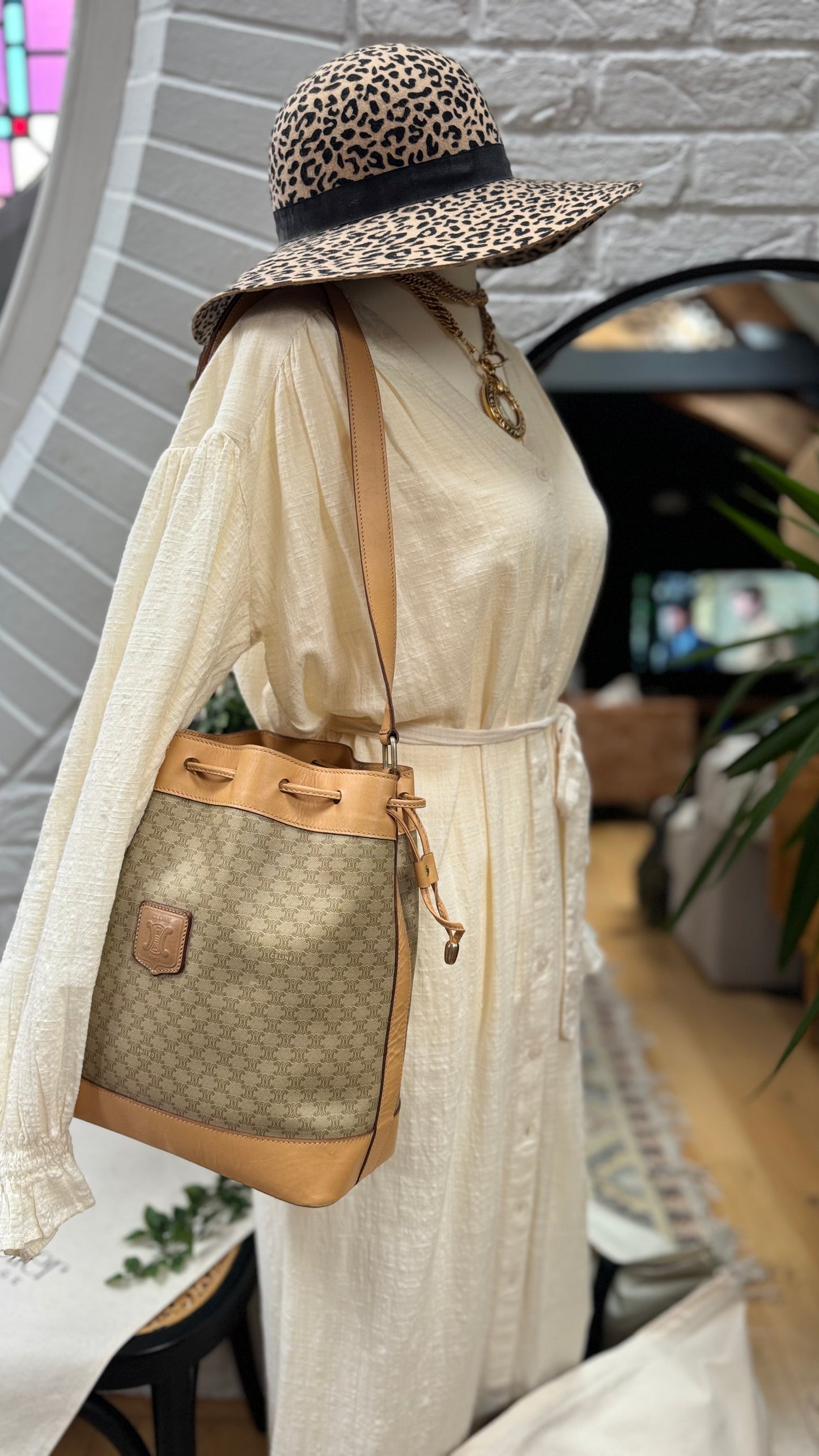 Celine Beige Macadam Bucket Bag with Pouch