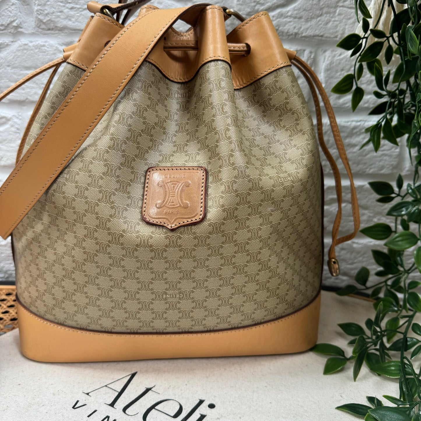 Celine Beige Macadam Bucket Bag with Pouch