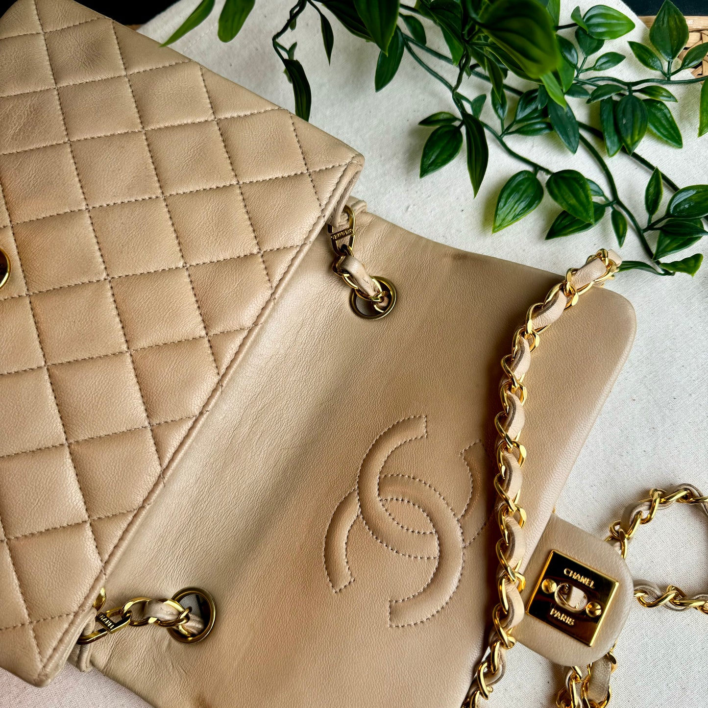 Chanel 1991 Beige Square Classic Single Flap Medium