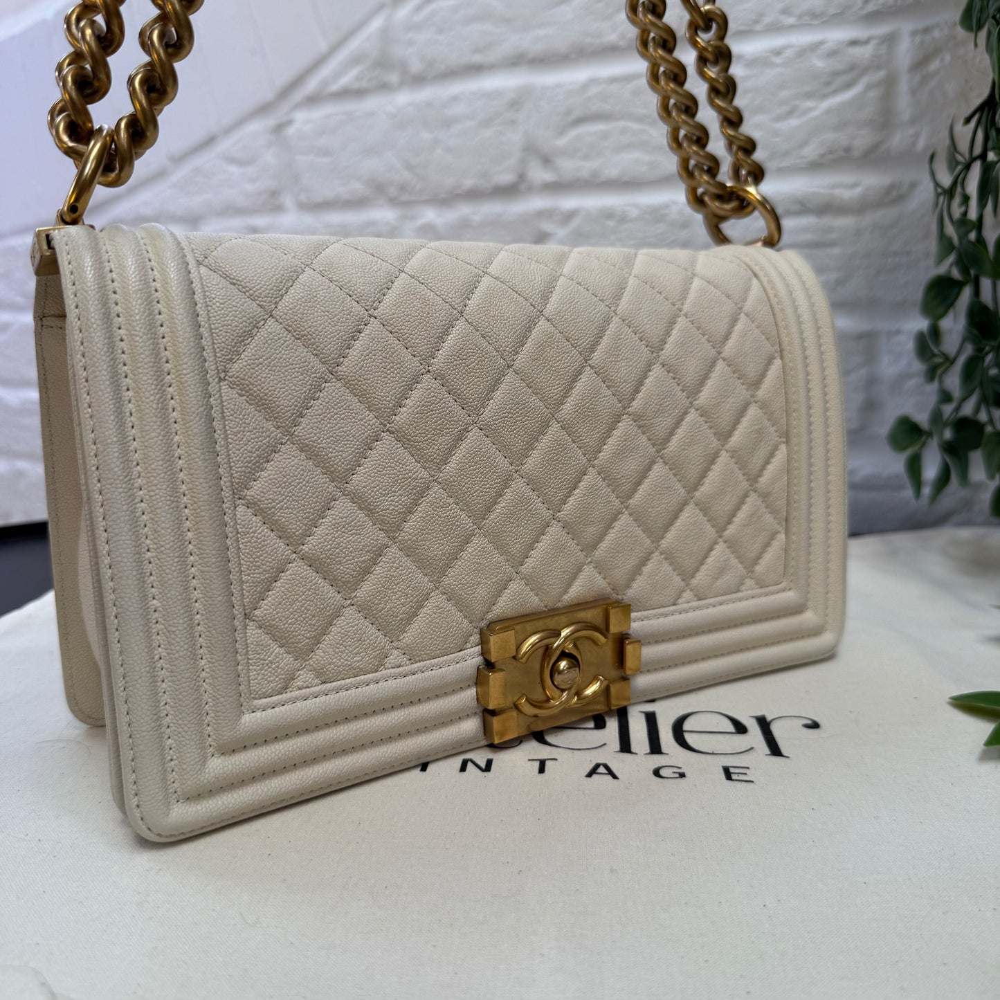 Chanel 2019 Rare Le Boy Ivory Beige Caviar Leather in Diamond Quilt