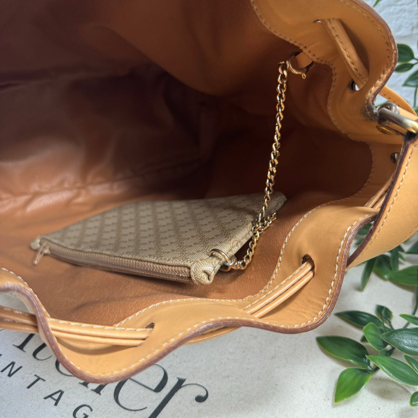 Celine Beige Macadam Bucket Bag with Pouch