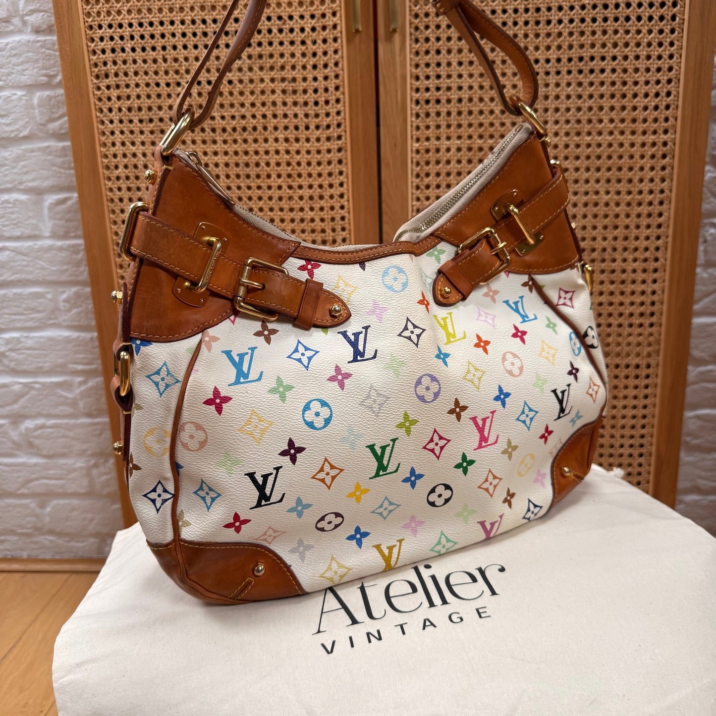 Louis Vuitton 2003 Greta Hobo Tote Murakami Multicolor White