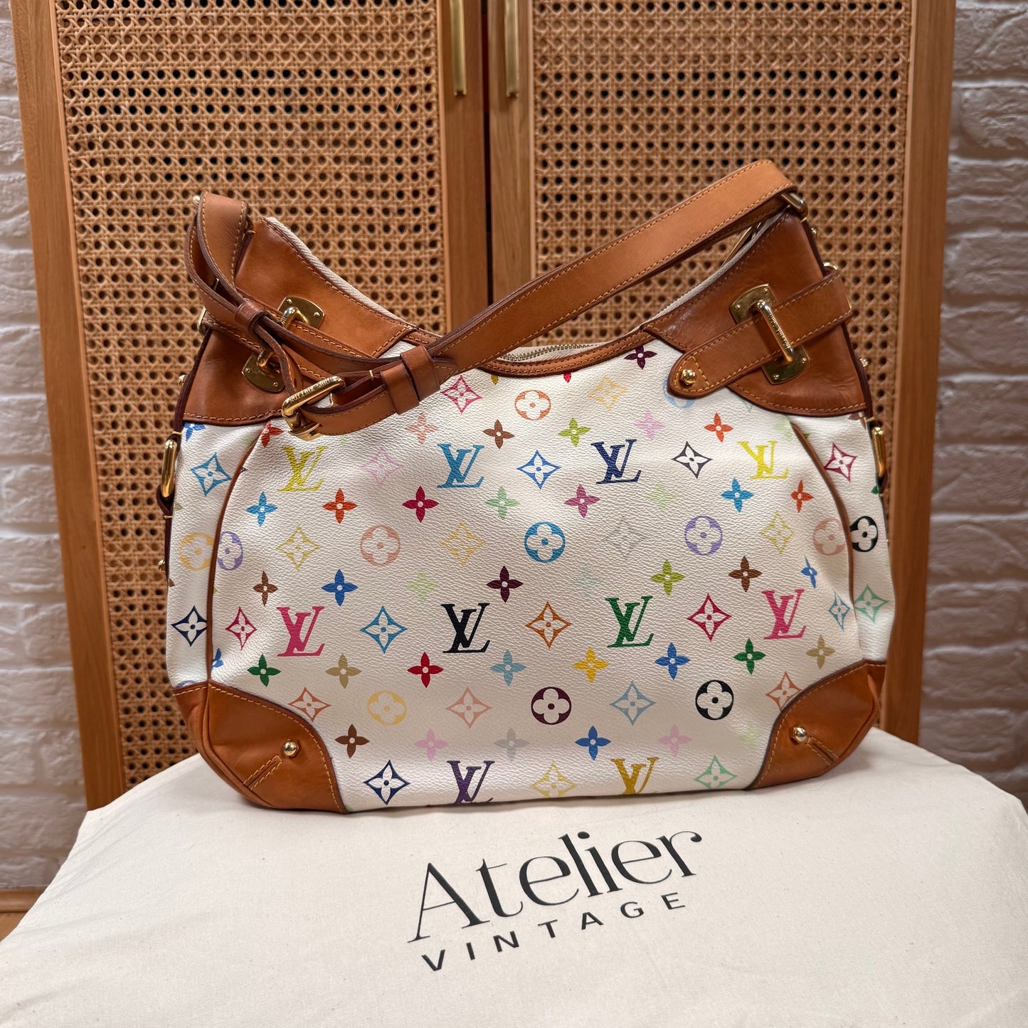 Louis Vuitton 2003 Greta Hobo Tote Murakami Multicolor White