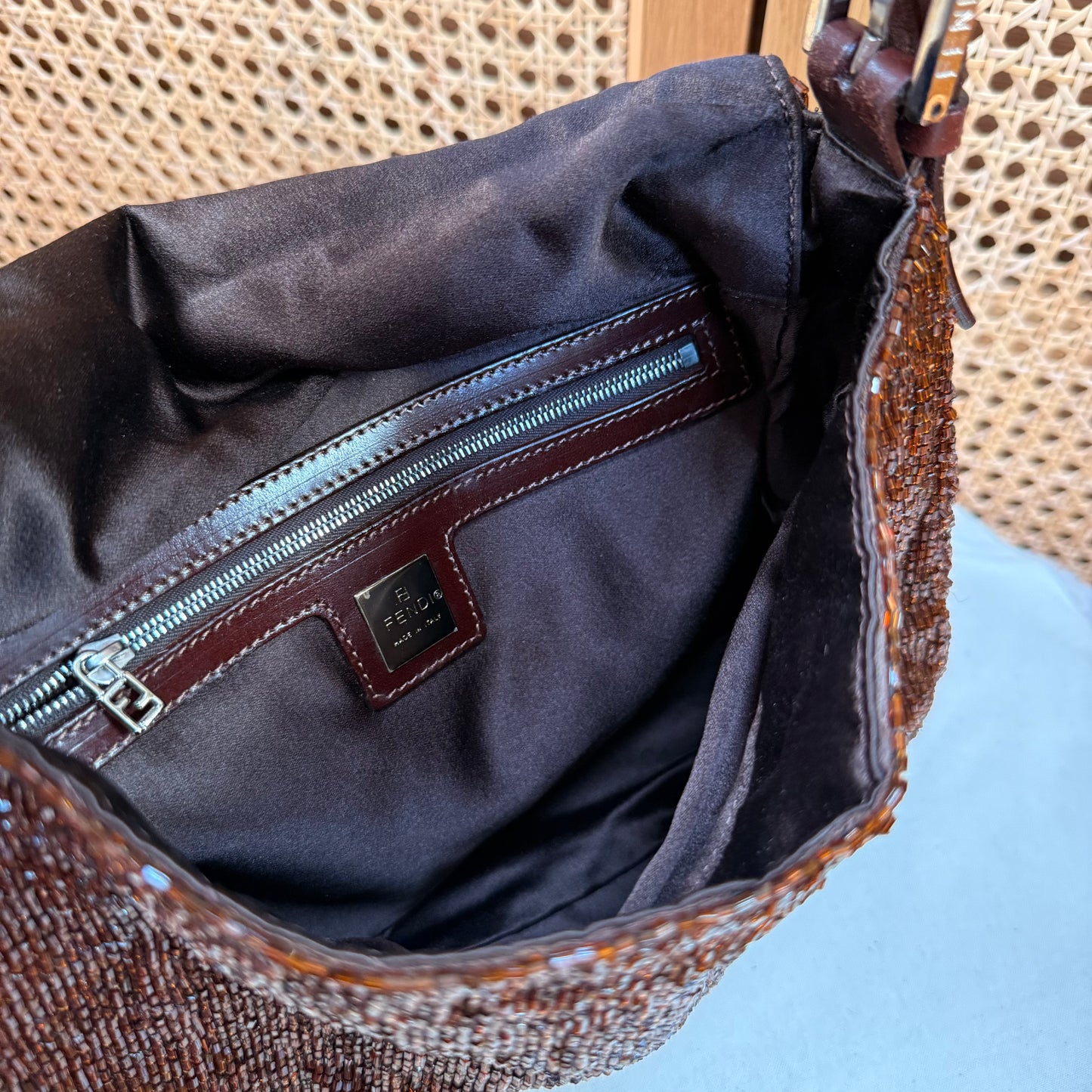 Fendi 2000 Rare Mamma Baguette Bronze - Limited Edition full glass beaded with chocolate leather