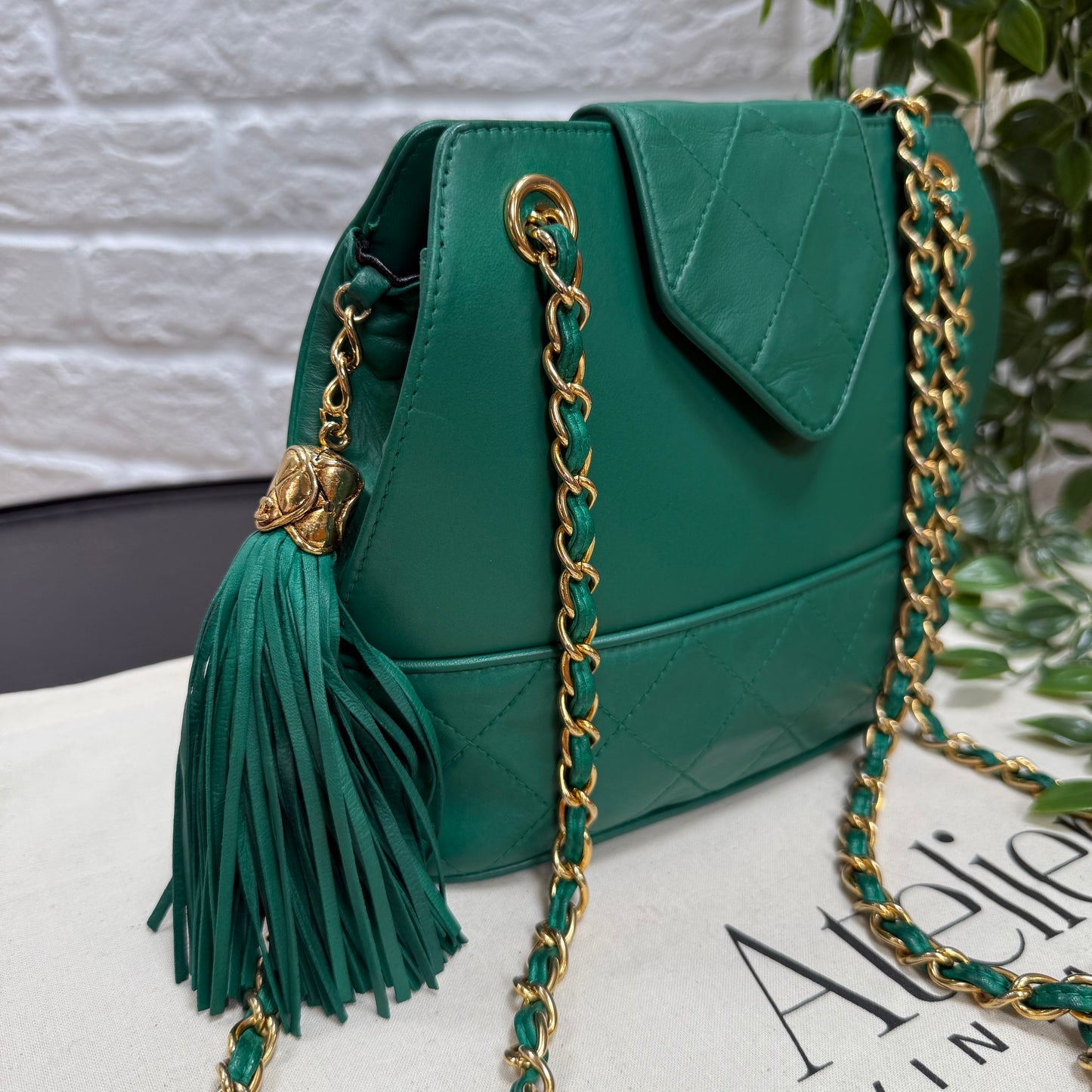 Chanel 1989 Emerald Green Cross Body Envelope Flap tassel bag