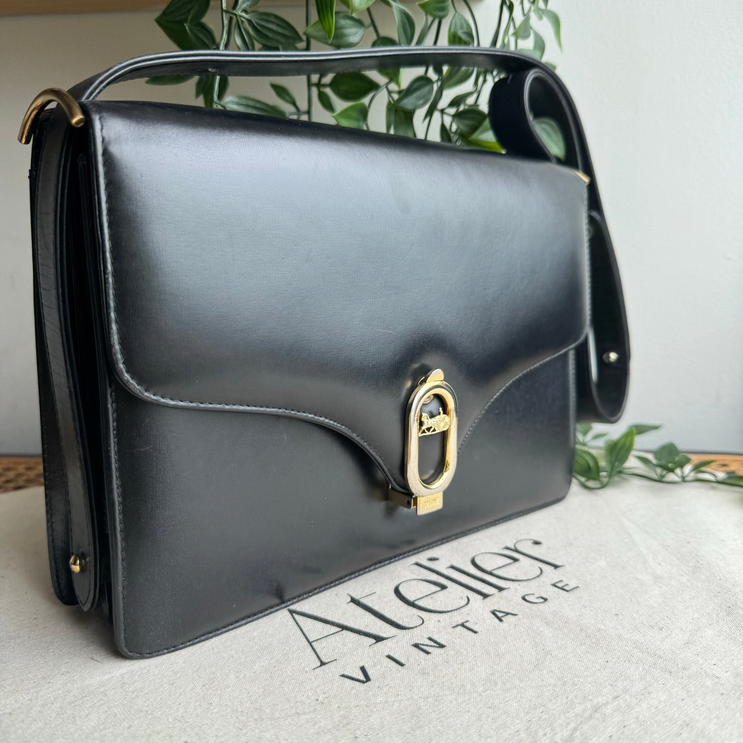 Celine 1980s Vintage Black Carriage Shoulder Bag