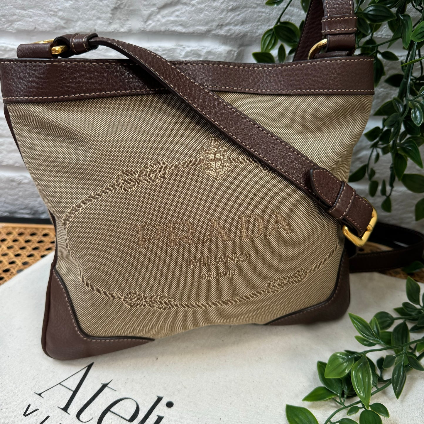 Prada Jacquard Brown/Beige Cross Body Messenger Bag