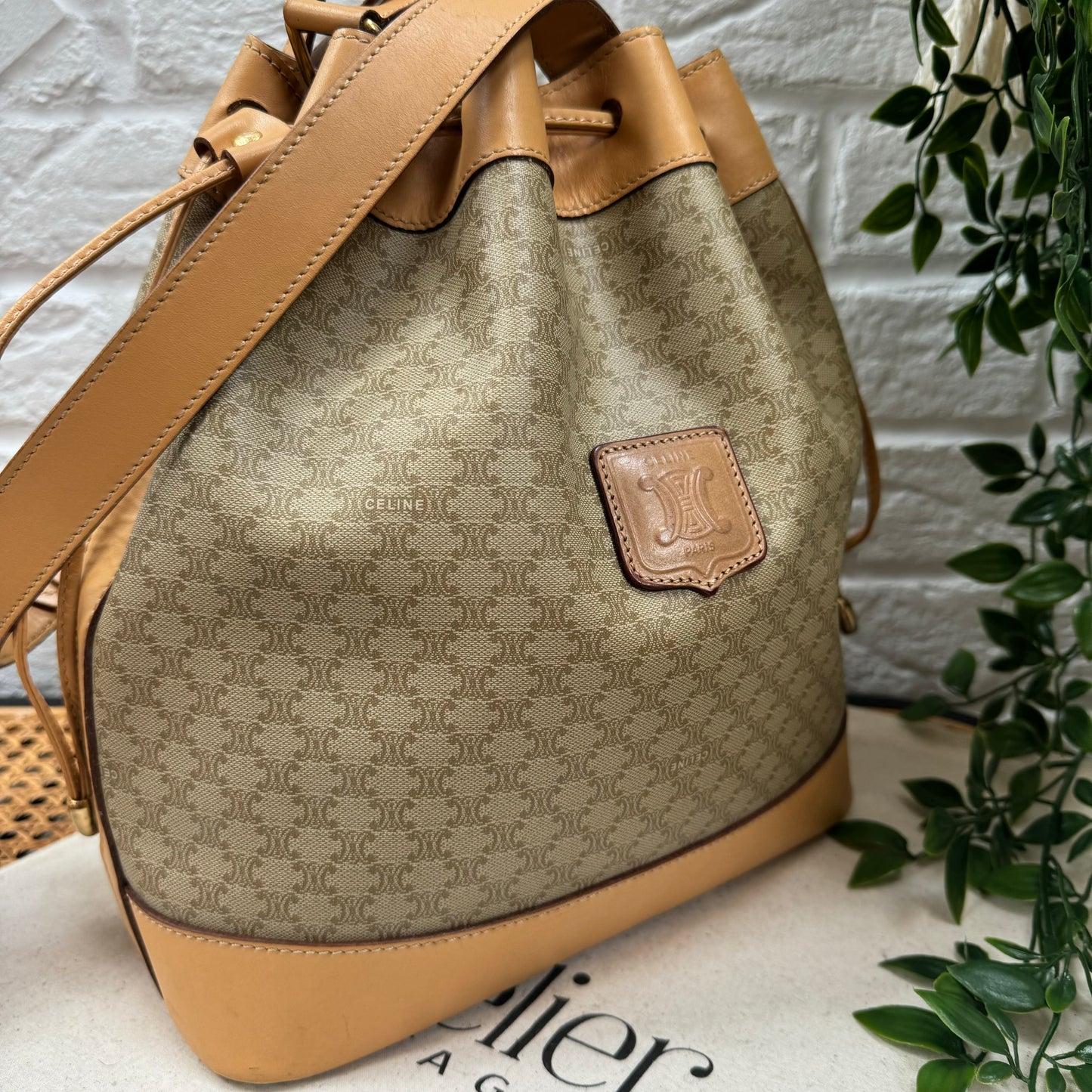 Celine Beige Macadam Bucket Bag with Pouch