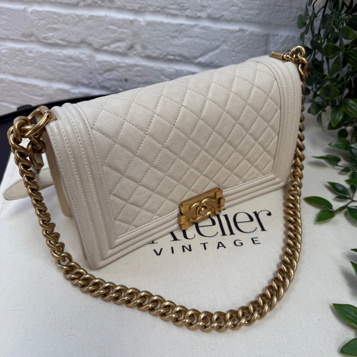 Chanel 2019 Rare Le Boy Ivory Beige Caviar Leather in Diamond Quilt