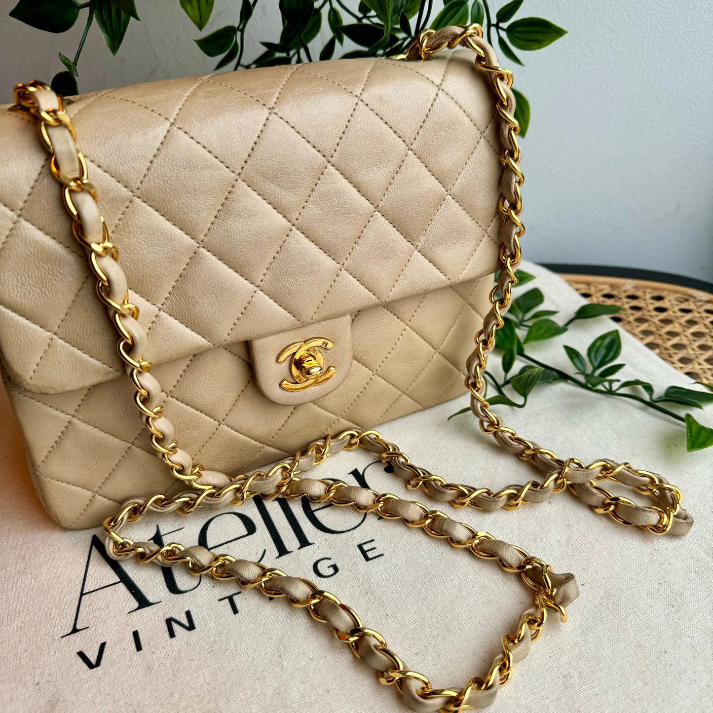 Chanel 1991 Beige Square Classic Single Flap Medium