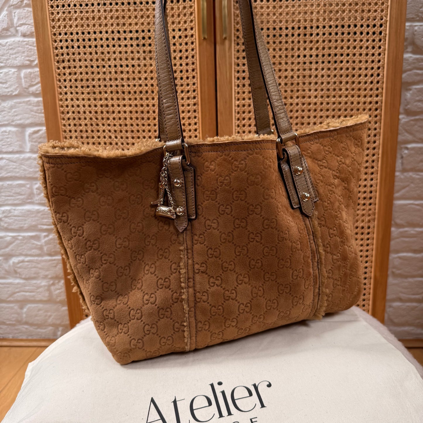 Gucci 2004 GG Monogram Sheepskin Shearling Iconic Charm Tote