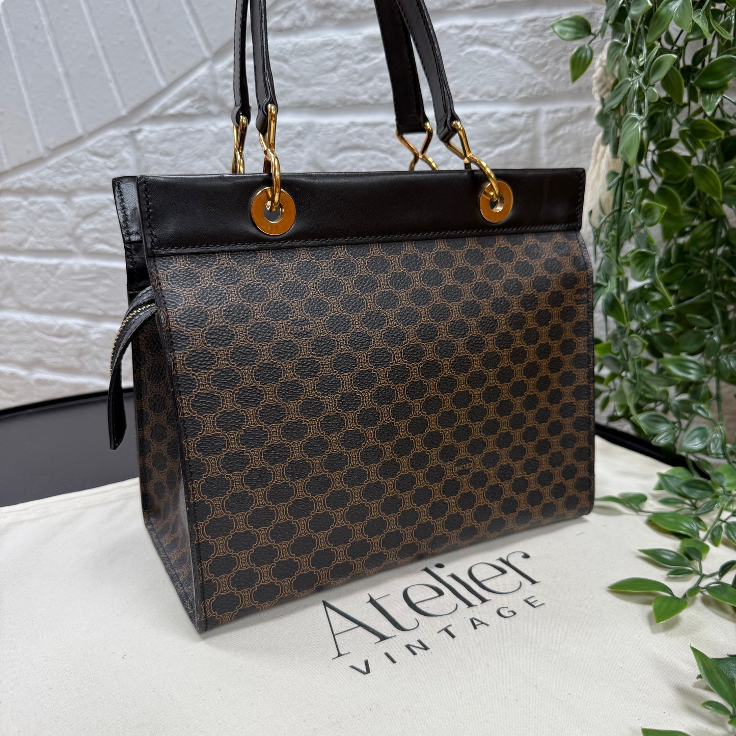 Celine 1980s Dark Macadam Zip Top Mini Tote