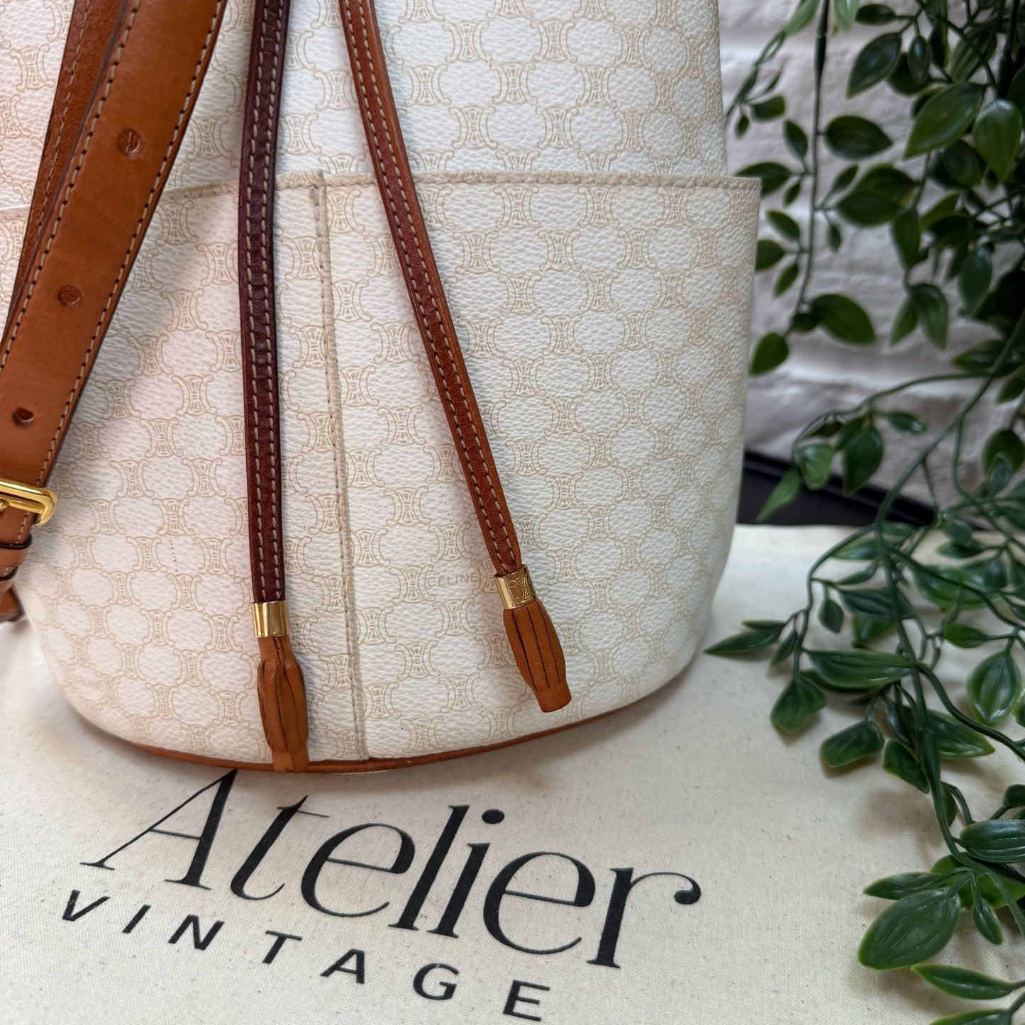 Celine 1990s Beige Macadam Bucket Bag
