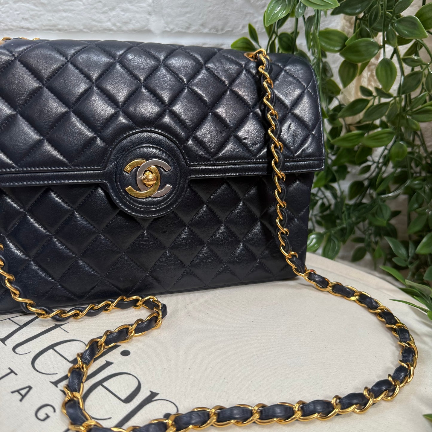 Chanel 1993 Navy Paris limited edition two tone turnlock single flap