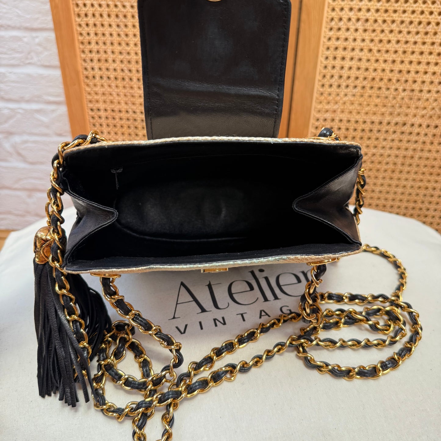 Chanel 1989 Rare Raffia & Leather Tassel Two Way Bag