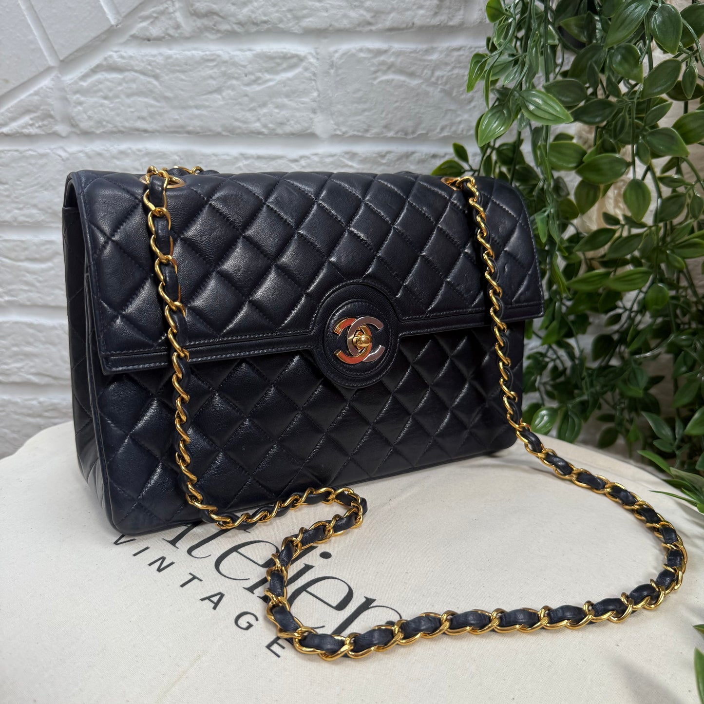 Chanel 1993 Navy Paris limited edition two tone turnlock single flap
