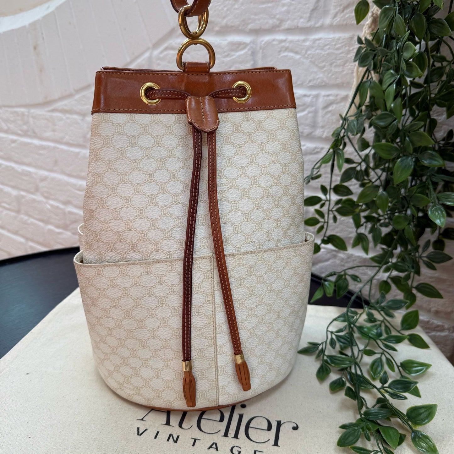 Celine 1990s Beige Macadam Bucket Bag