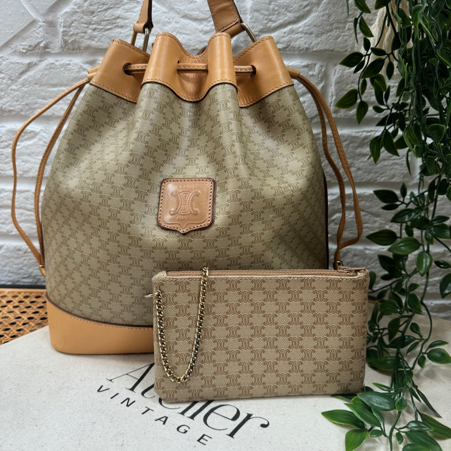 Celine Beige Macadam Bucket Bag with Pouch