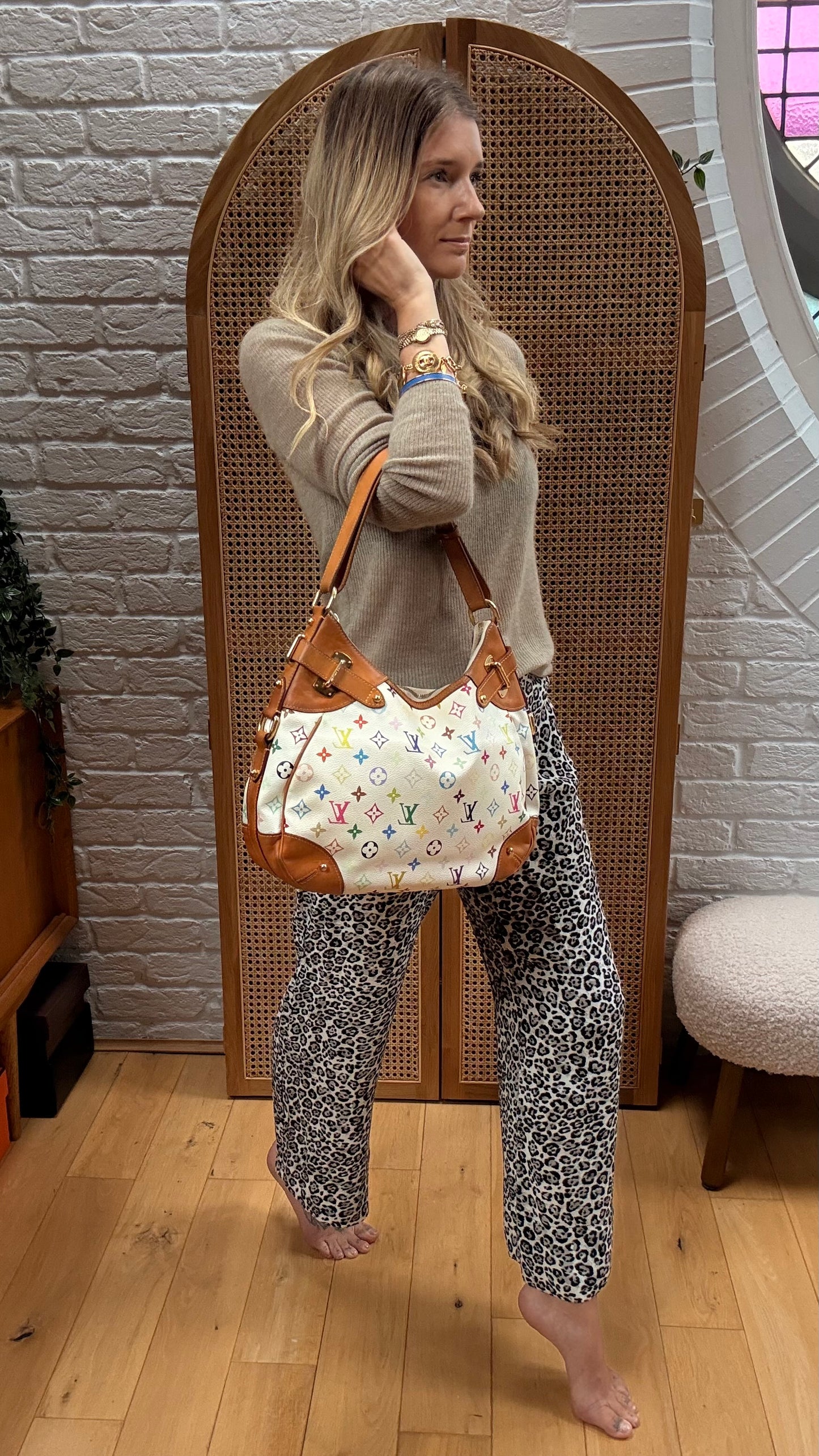 Louis Vuitton 2003 Greta Hobo Tote Murakami Multicolor White