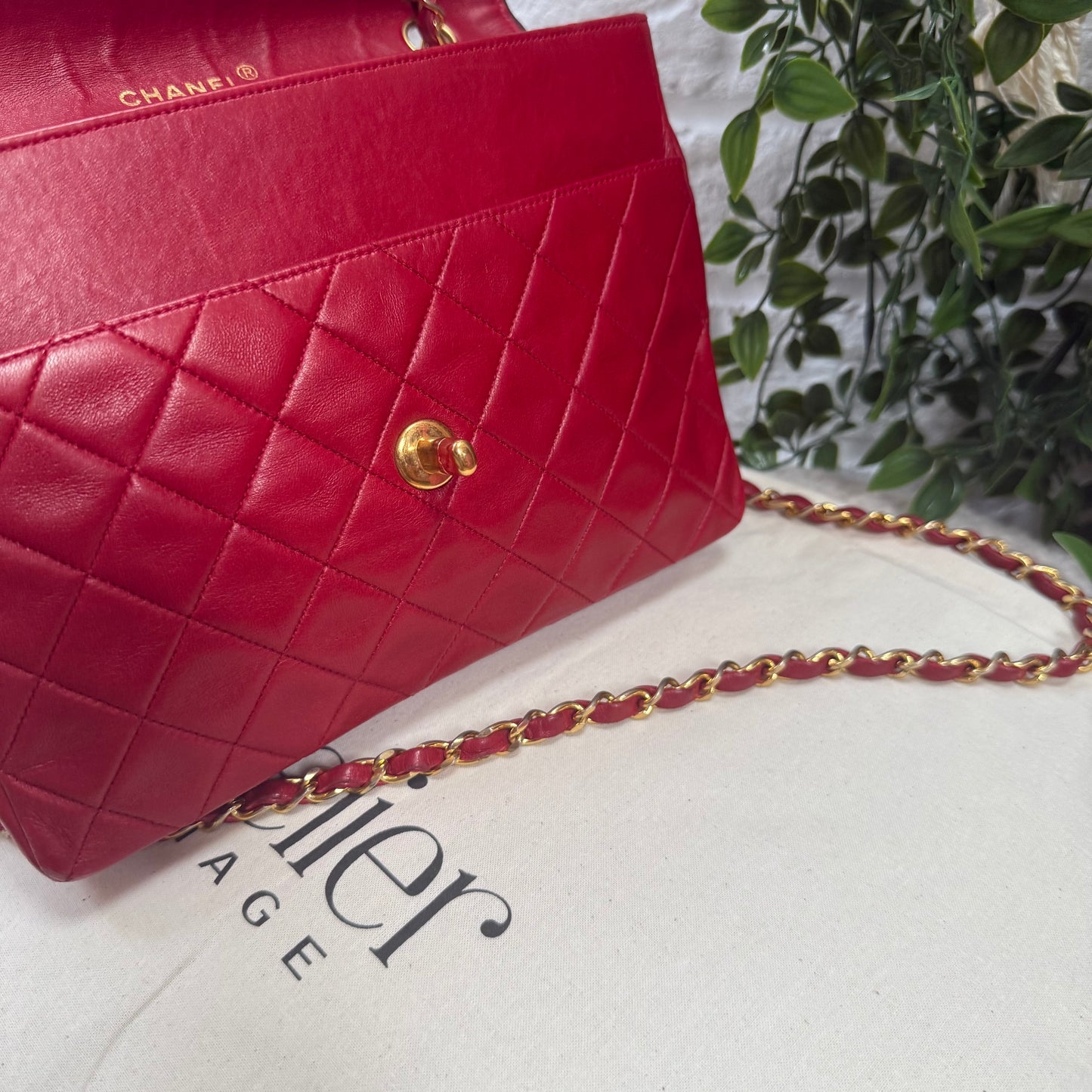 Chanel 1989 Rare Red with navy piping 25cm Square single flap