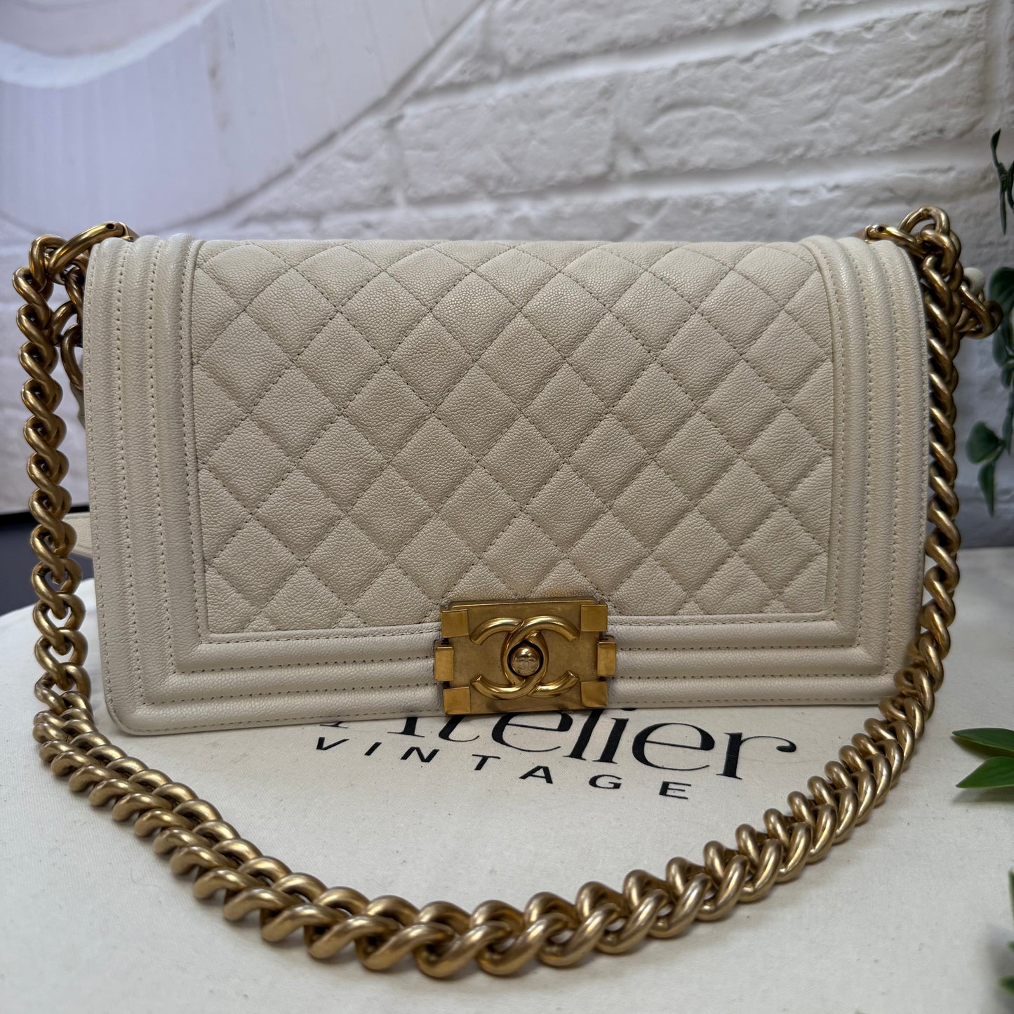 Chanel 2019 Rare Le Boy Ivory Beige Caviar Leather in Diamond Quilt