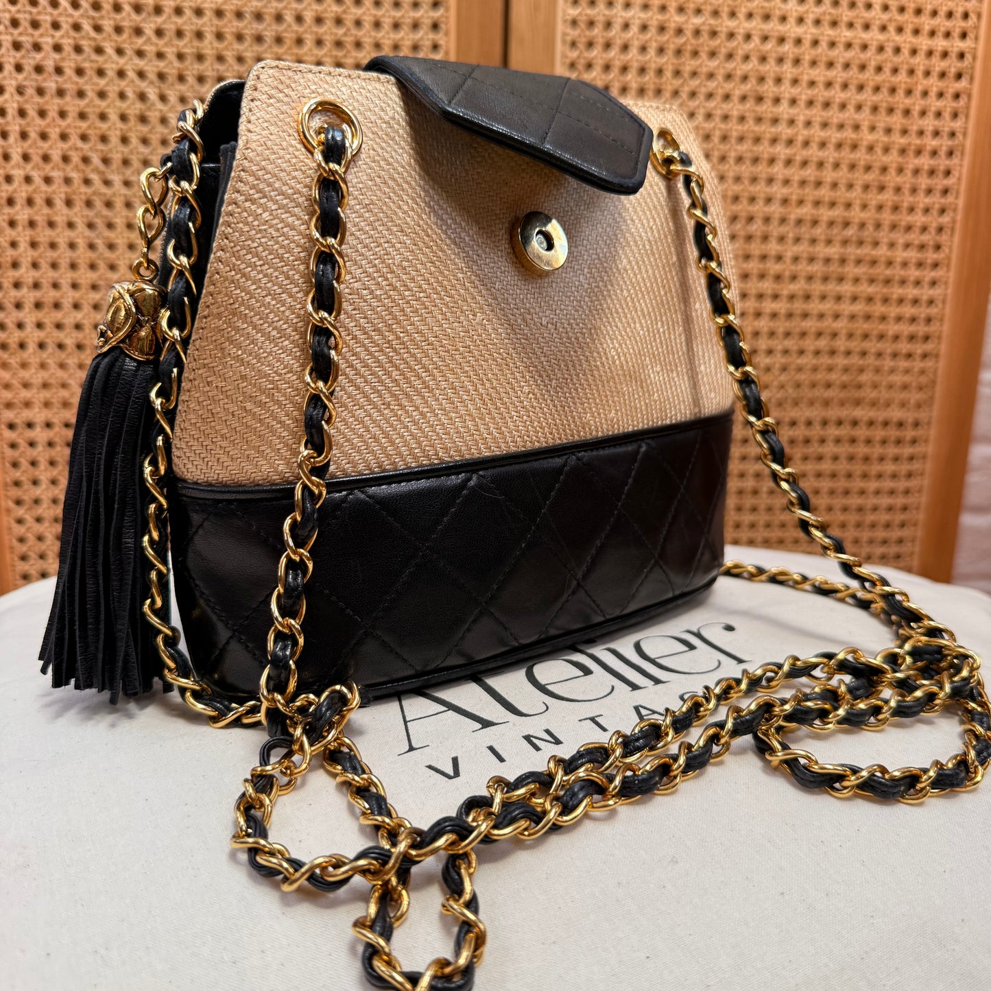 Chanel 1989 Rare Raffia & Leather Tassel Two Way Bag