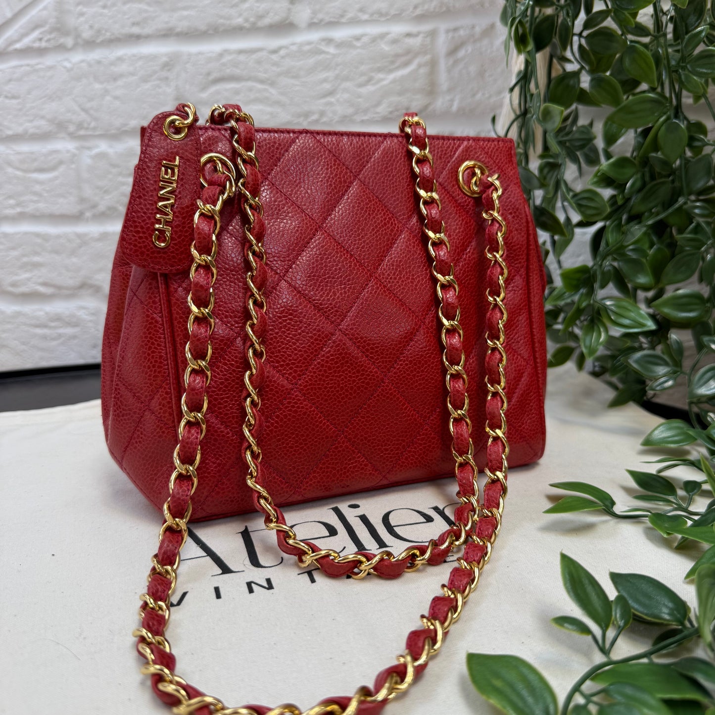 Chanel 1989 Chanel Red Caviar CC Quilted Shoulder Bag