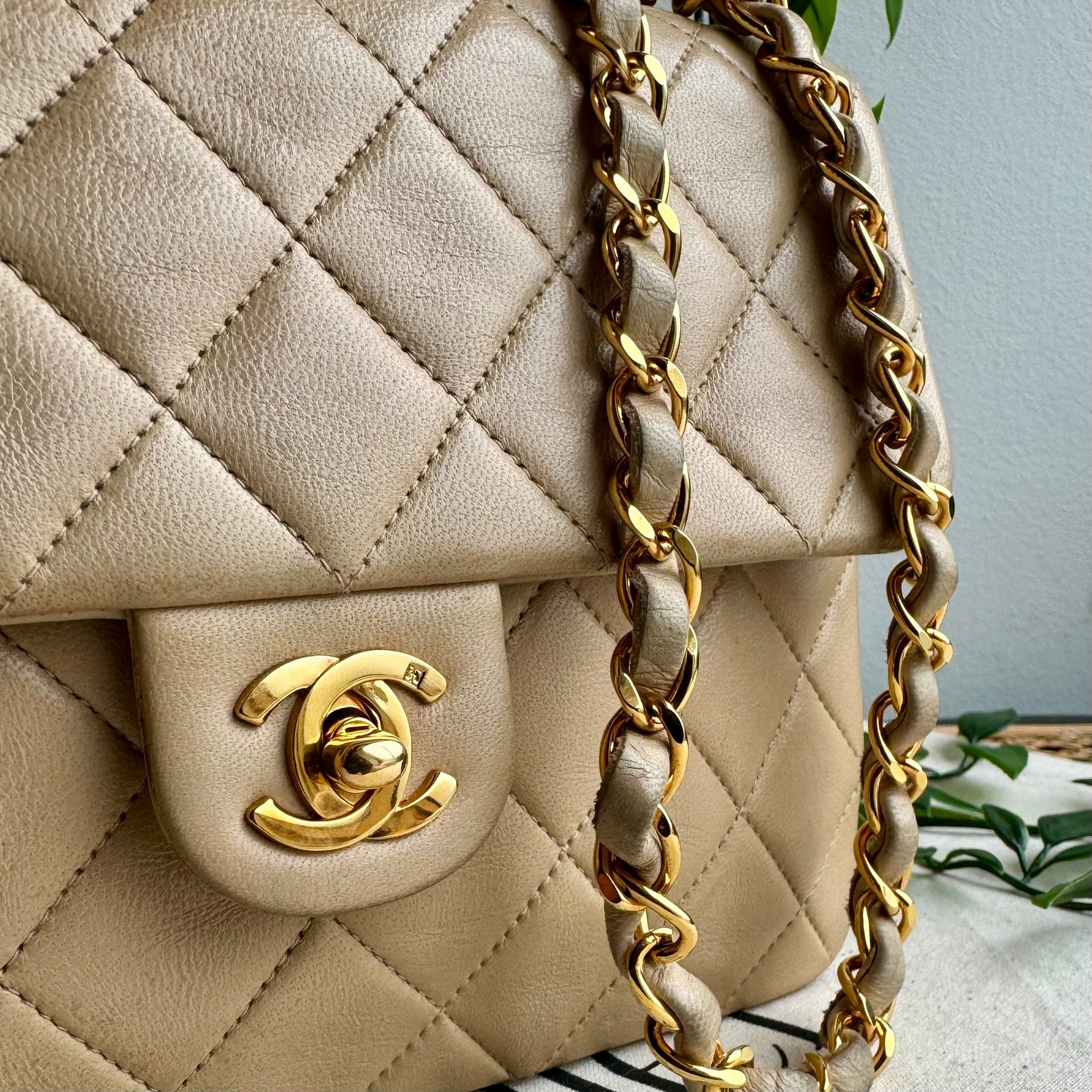 Chanel 1991 Beige Square Classic Single Flap Medium