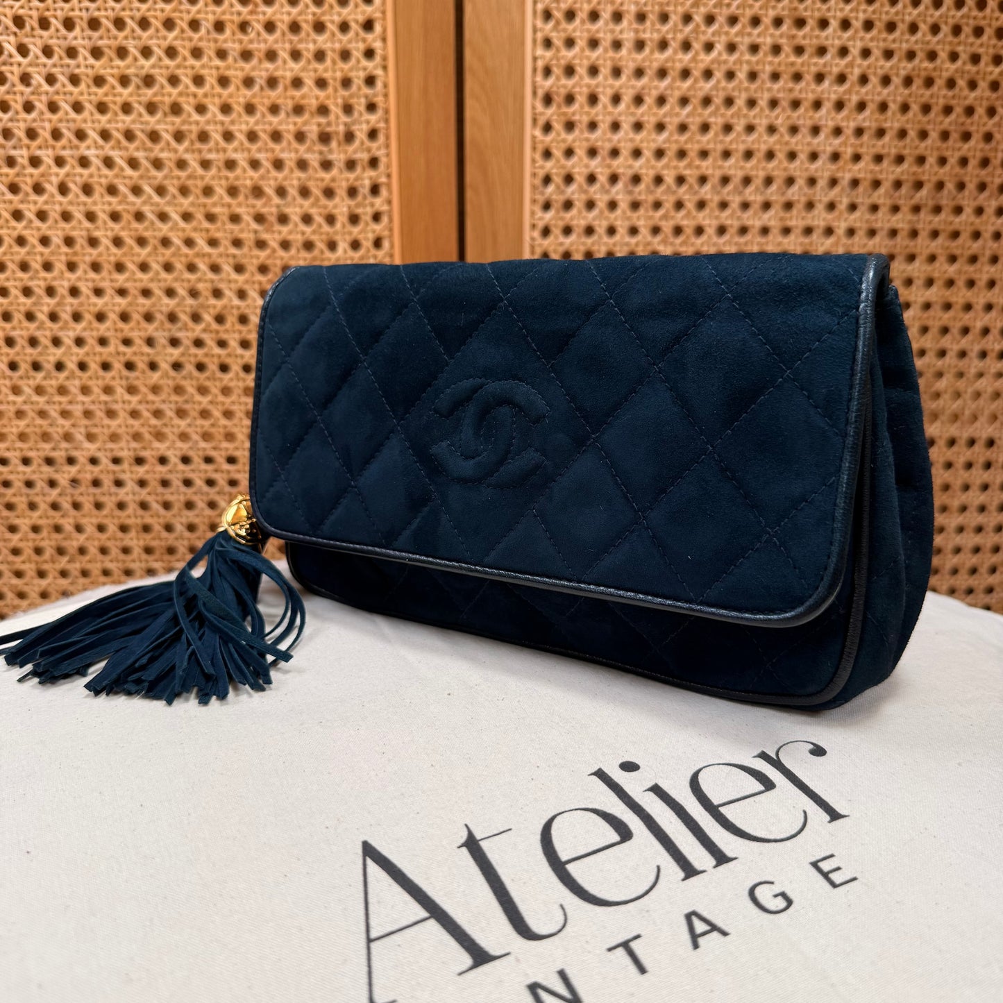 Chanel Rare 1989 Teal Suede CC Quilted Clutch