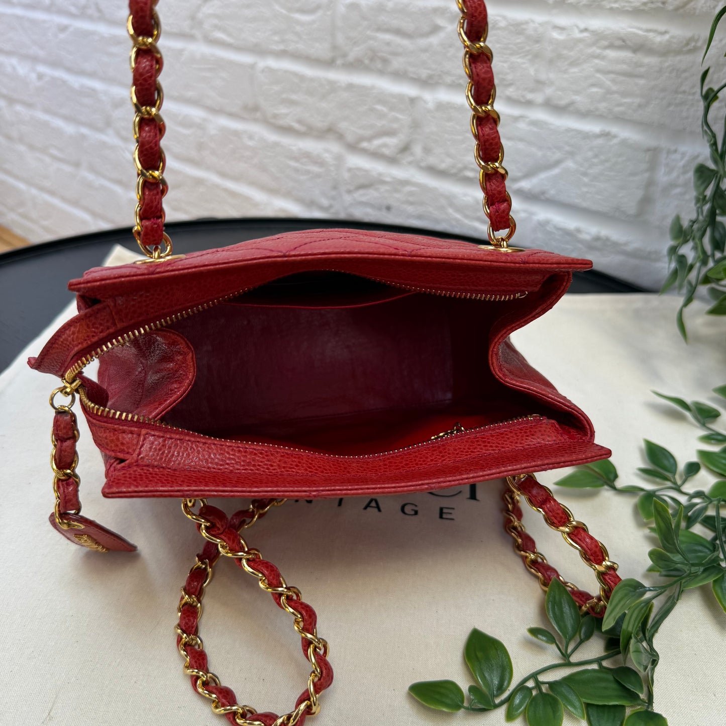 Chanel 1989 Chanel Red Caviar CC Quilted Shoulder Bag