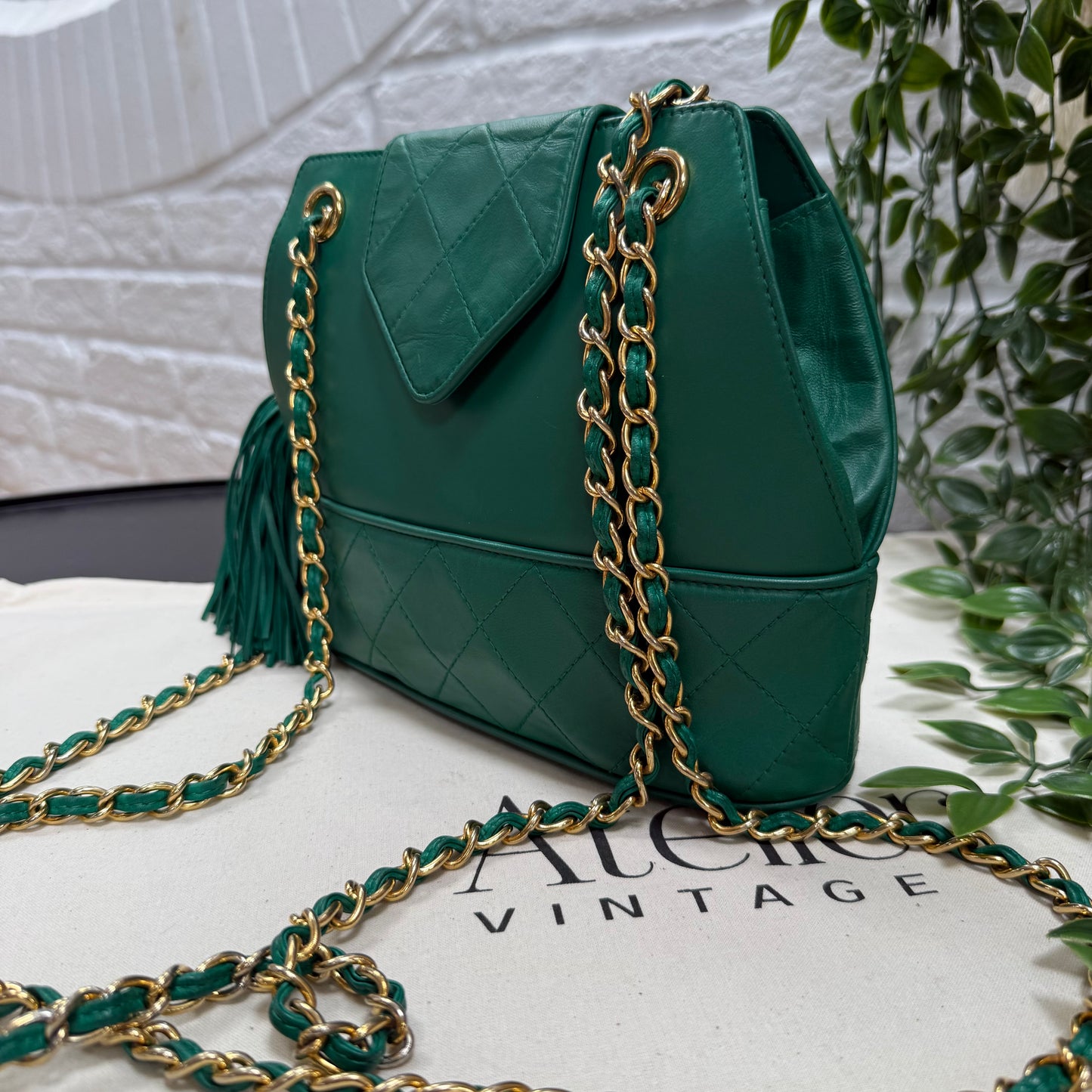 Chanel 1989 Emerald Green Cross Body Envelope Flap tassel bag