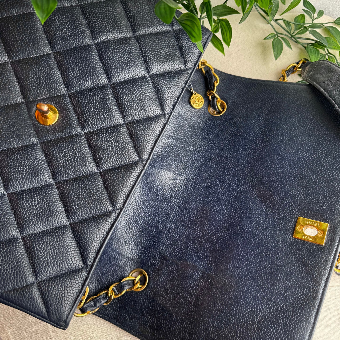 Chanel 1994 Navy Caviar Leather Large Square Single Flap