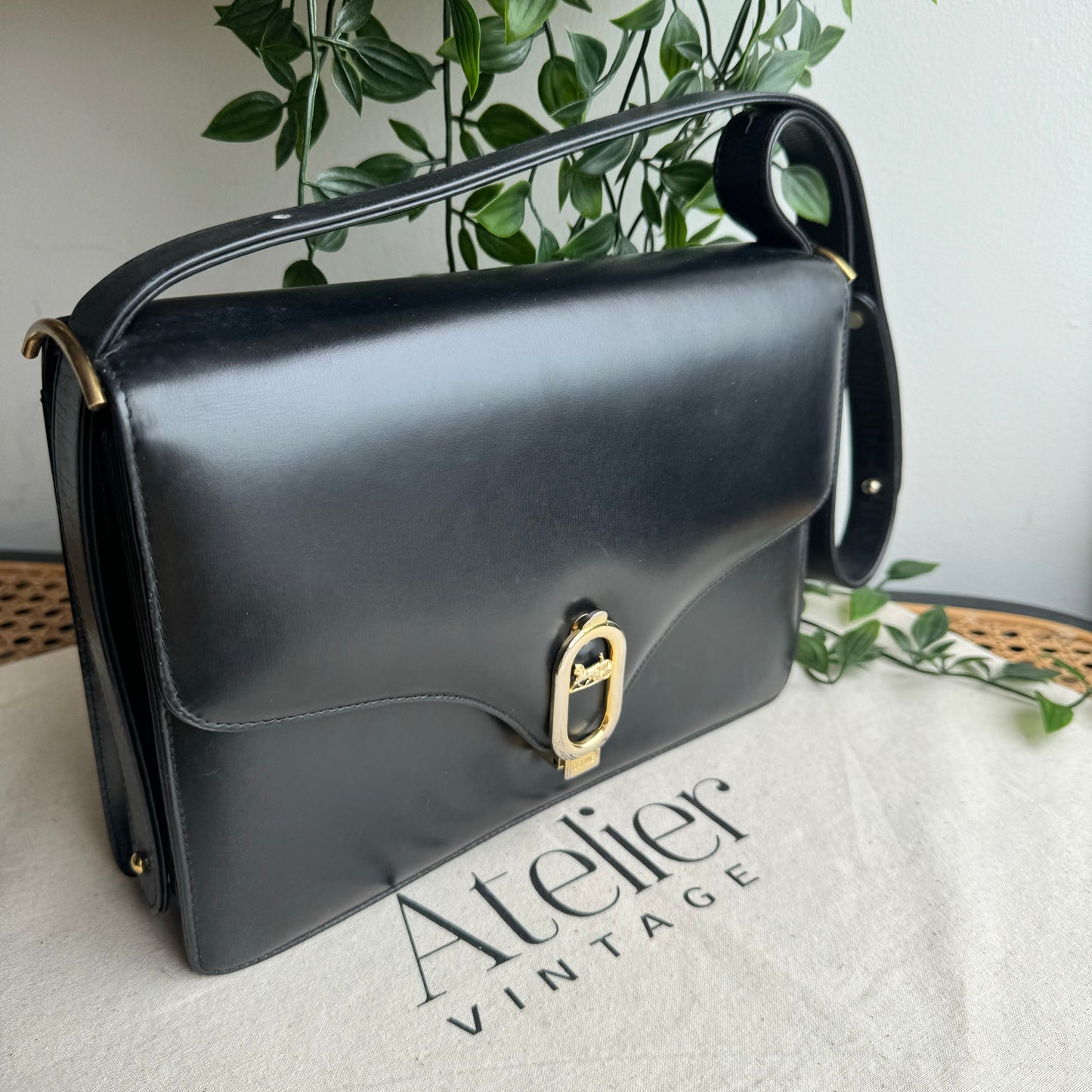 Celine 1980s Vintage Black Carriage Shoulder Bag