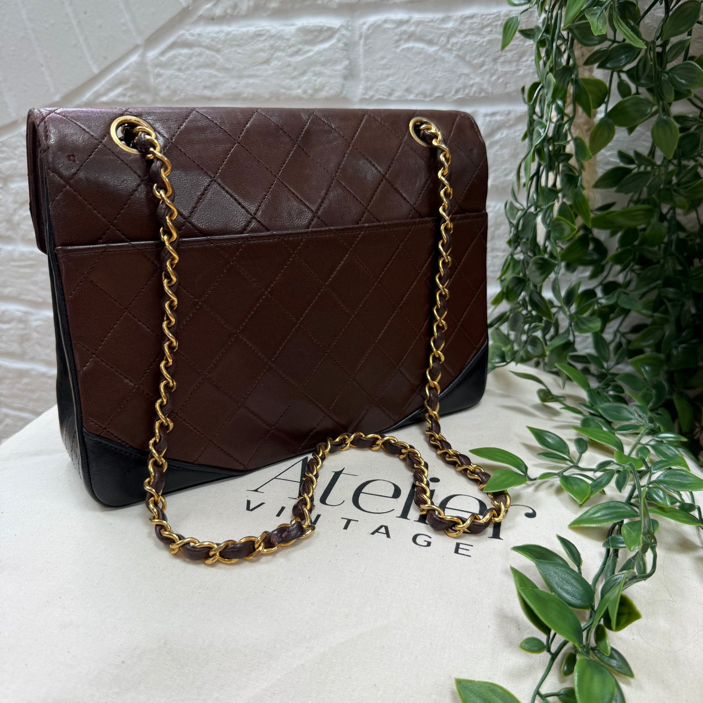 Chanel 1986 chocolate brown & black half moon two way single flap