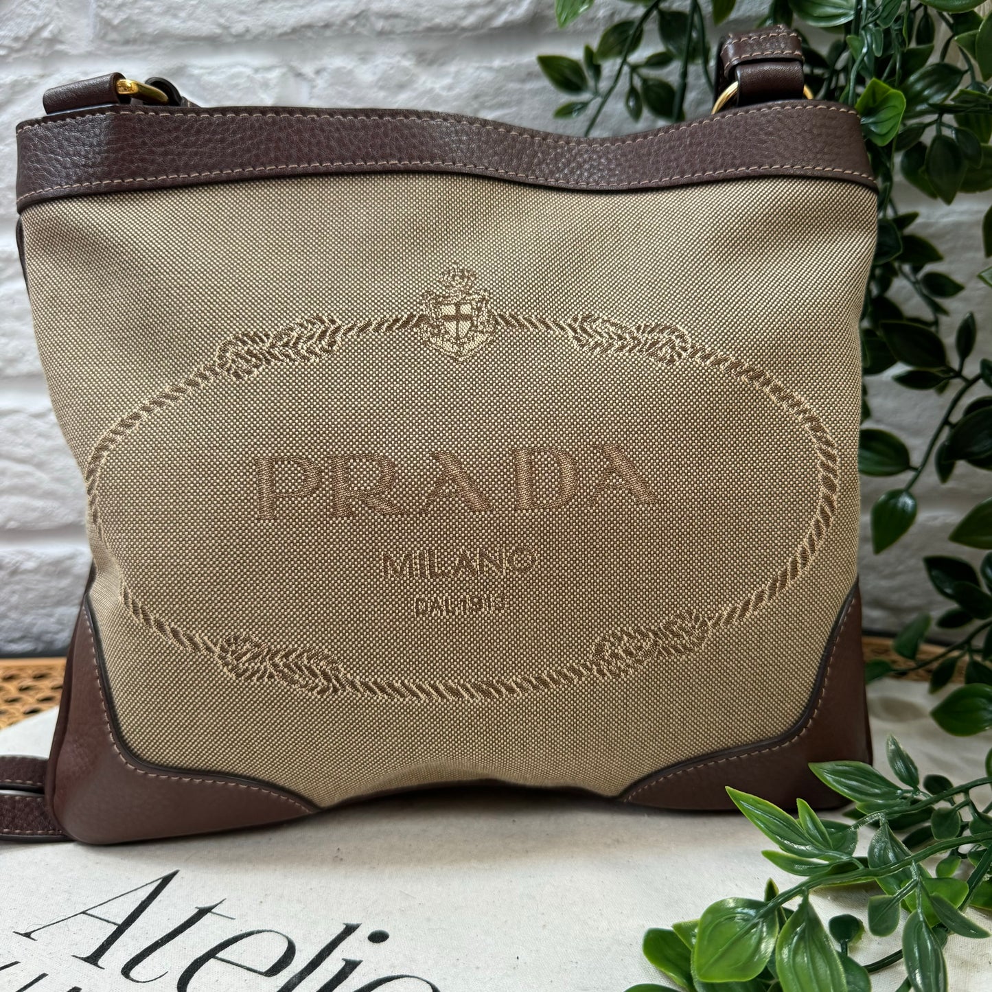 Prada Jacquard Brown/Beige Cross Body Messenger Bag