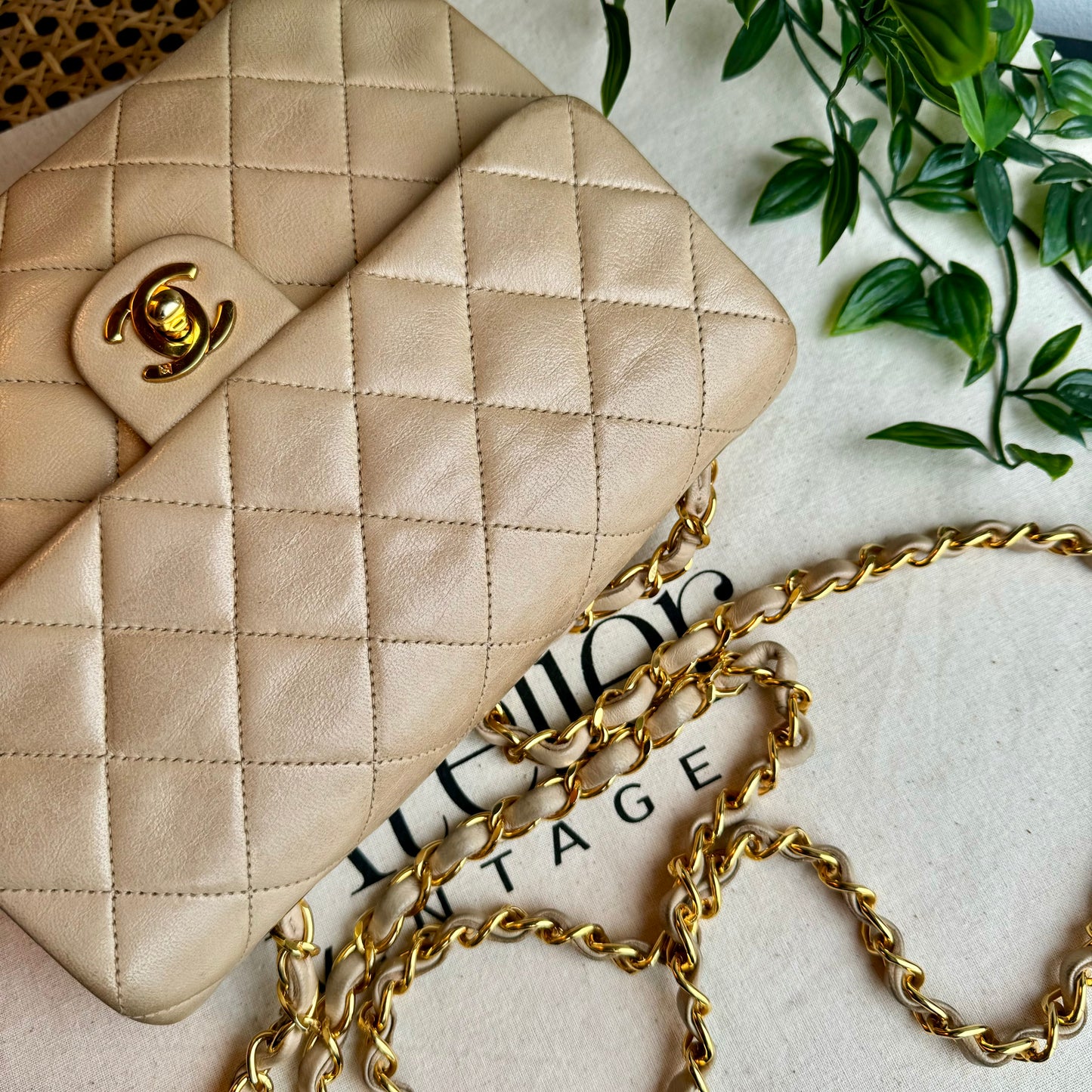 Chanel 1991 Beige Square Classic Single Flap Medium