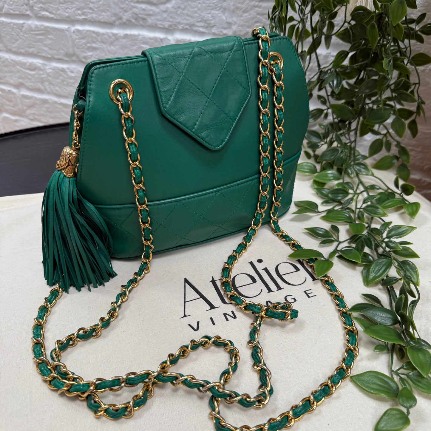 Chanel 1989 Emerald Green Cross Body Envelope Flap tassel bag
