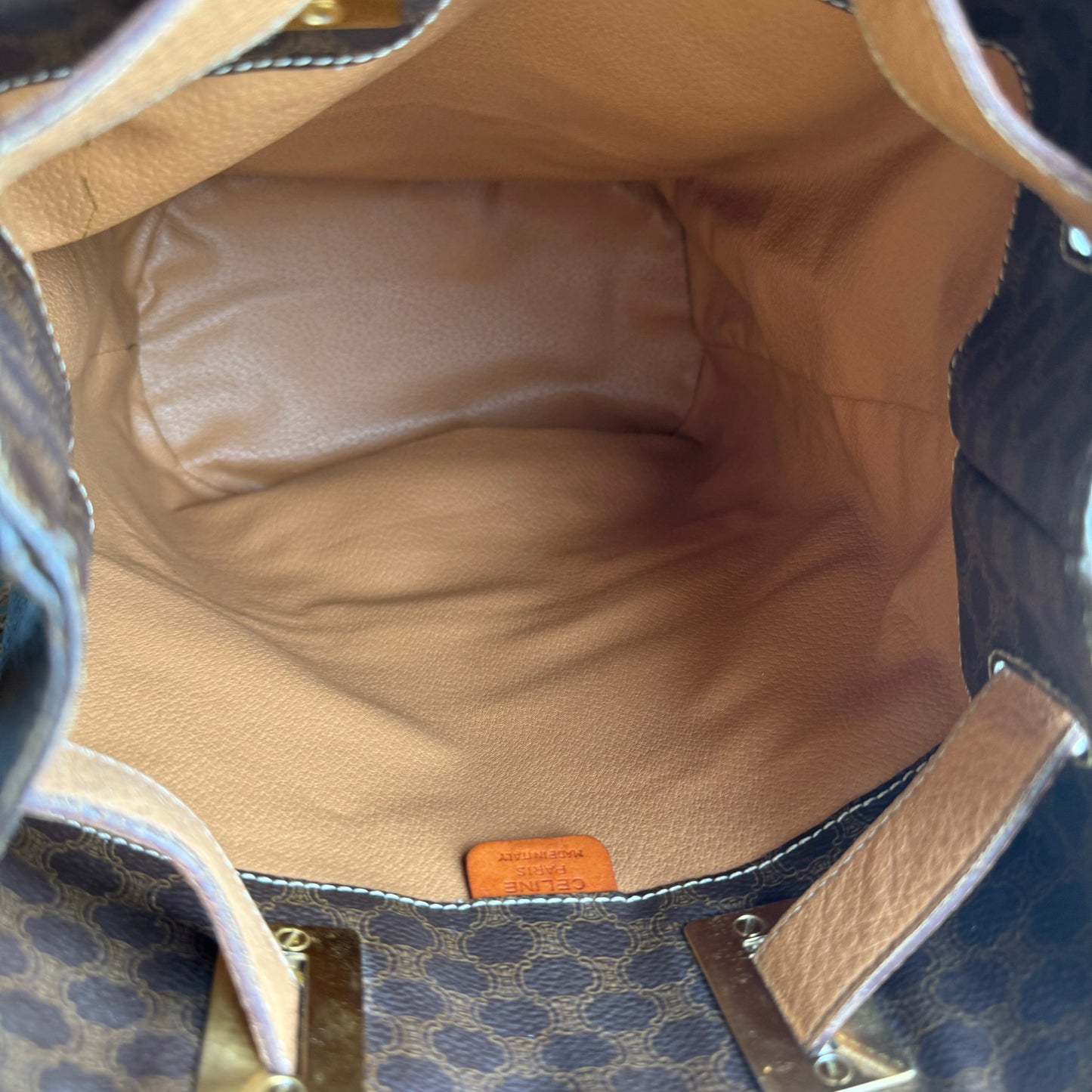 Celine 1990s Brown Macadam Print Sling Bucket Bag