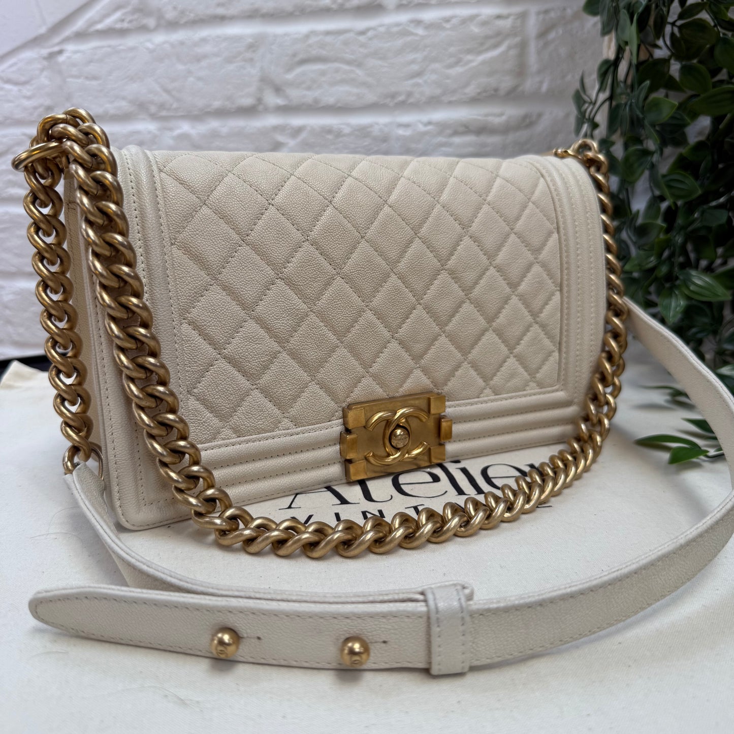 Chanel 2019 Rare Le Boy Ivory Beige Caviar Leather in Diamond Quilt