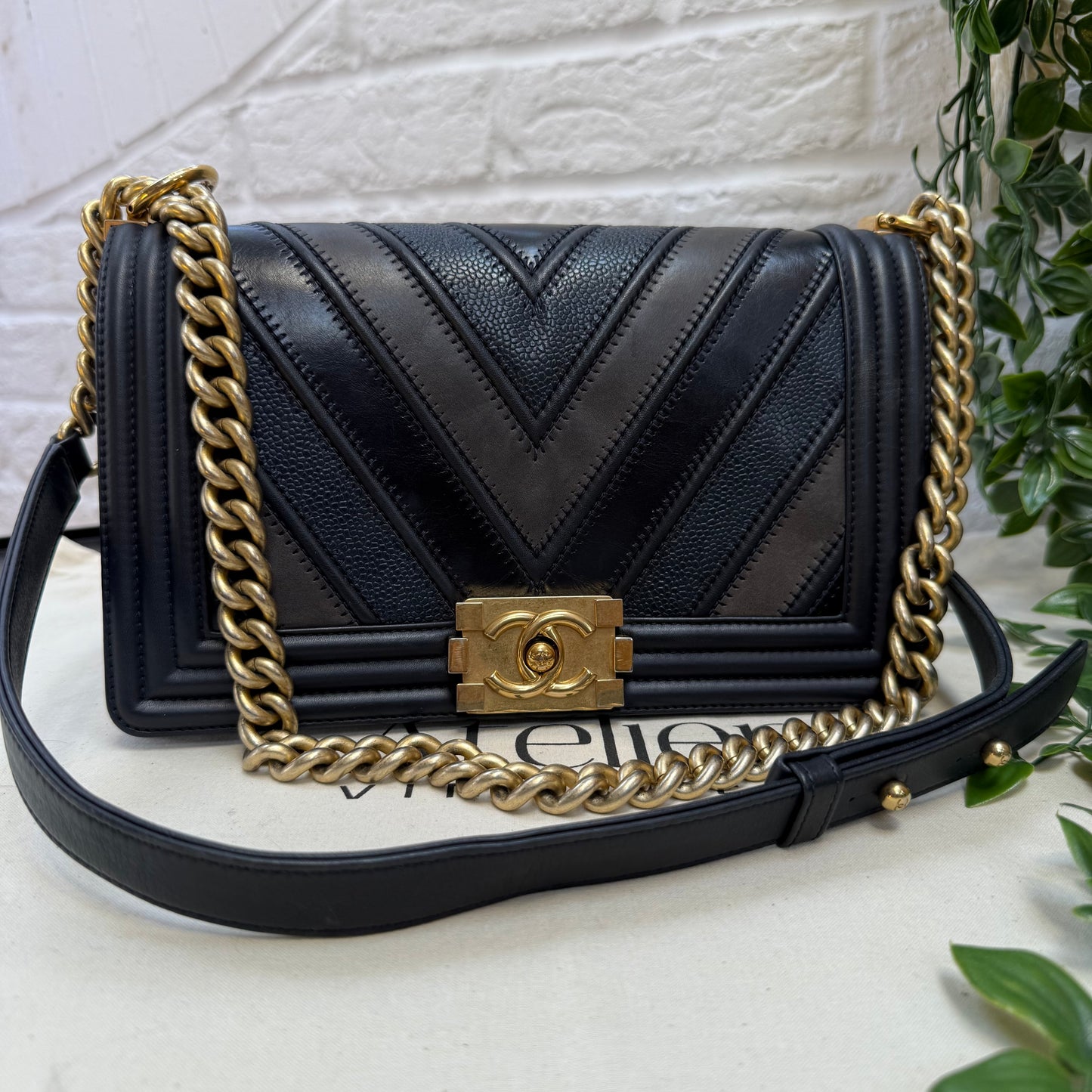 Chanel 2016 Rare Navy Le Boy Caviar & Calf Skin Chevron Old Medium