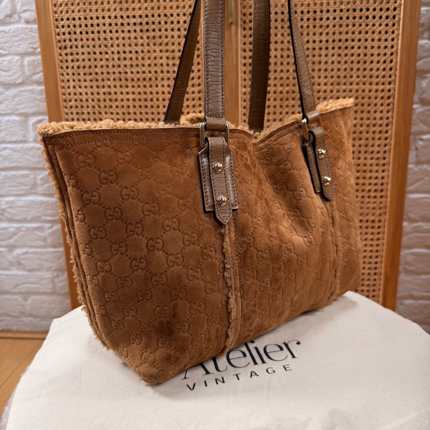 Gucci 2004 GG Monogram Sheepskin Shearling Iconic Charm Tote