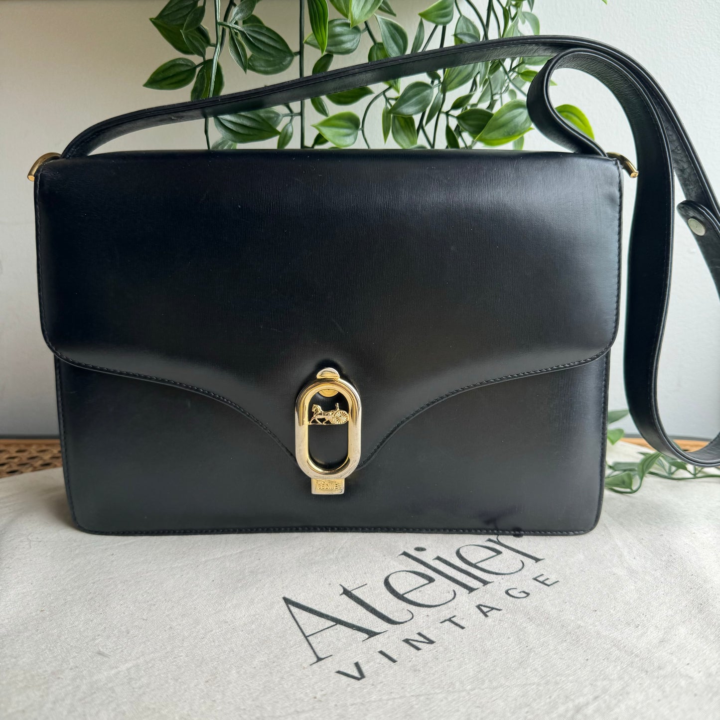 Celine 1980s Vintage Black Carriage Shoulder Bag