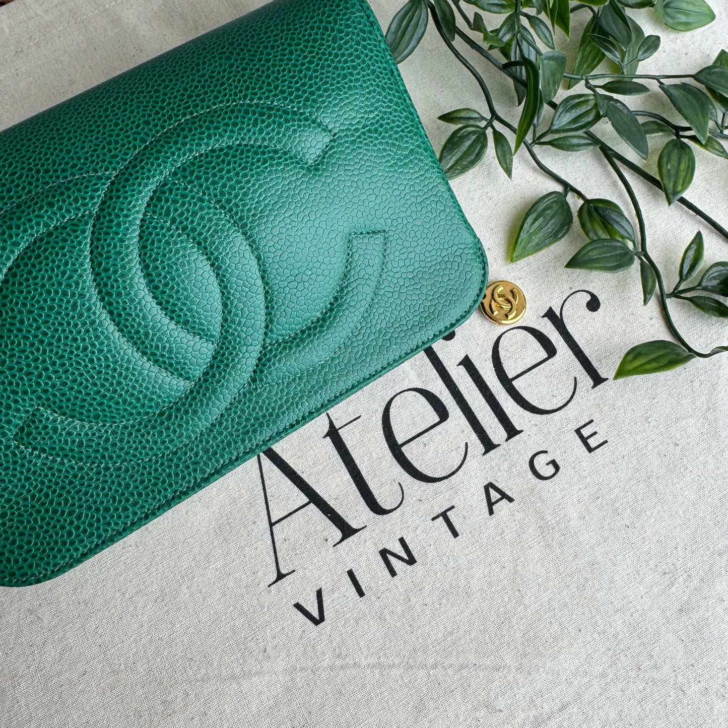 Chanel 1994 Emerald CC Caviar Pouch
