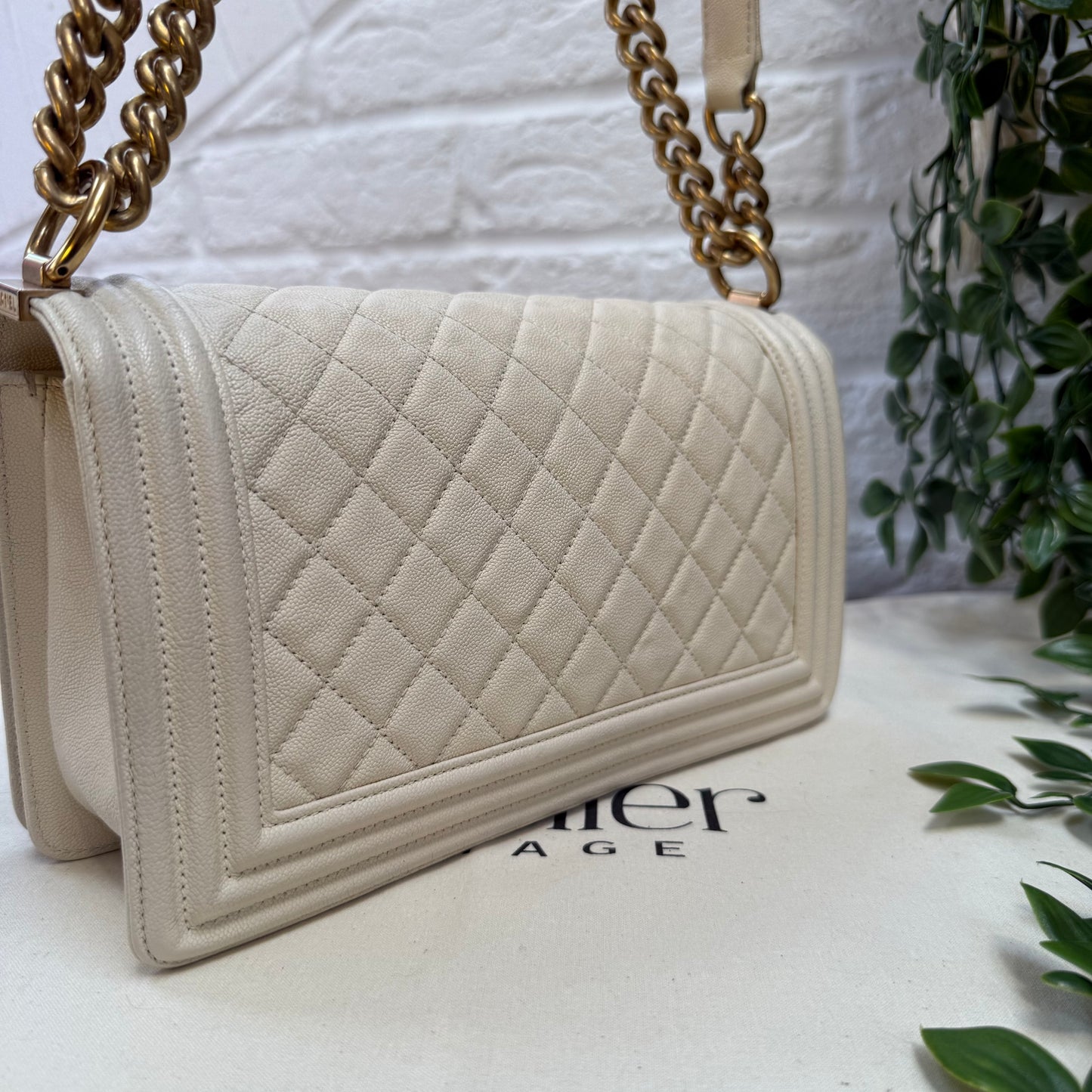 Chanel 2019 Rare Le Boy Ivory Beige Caviar Leather in Diamond Quilt