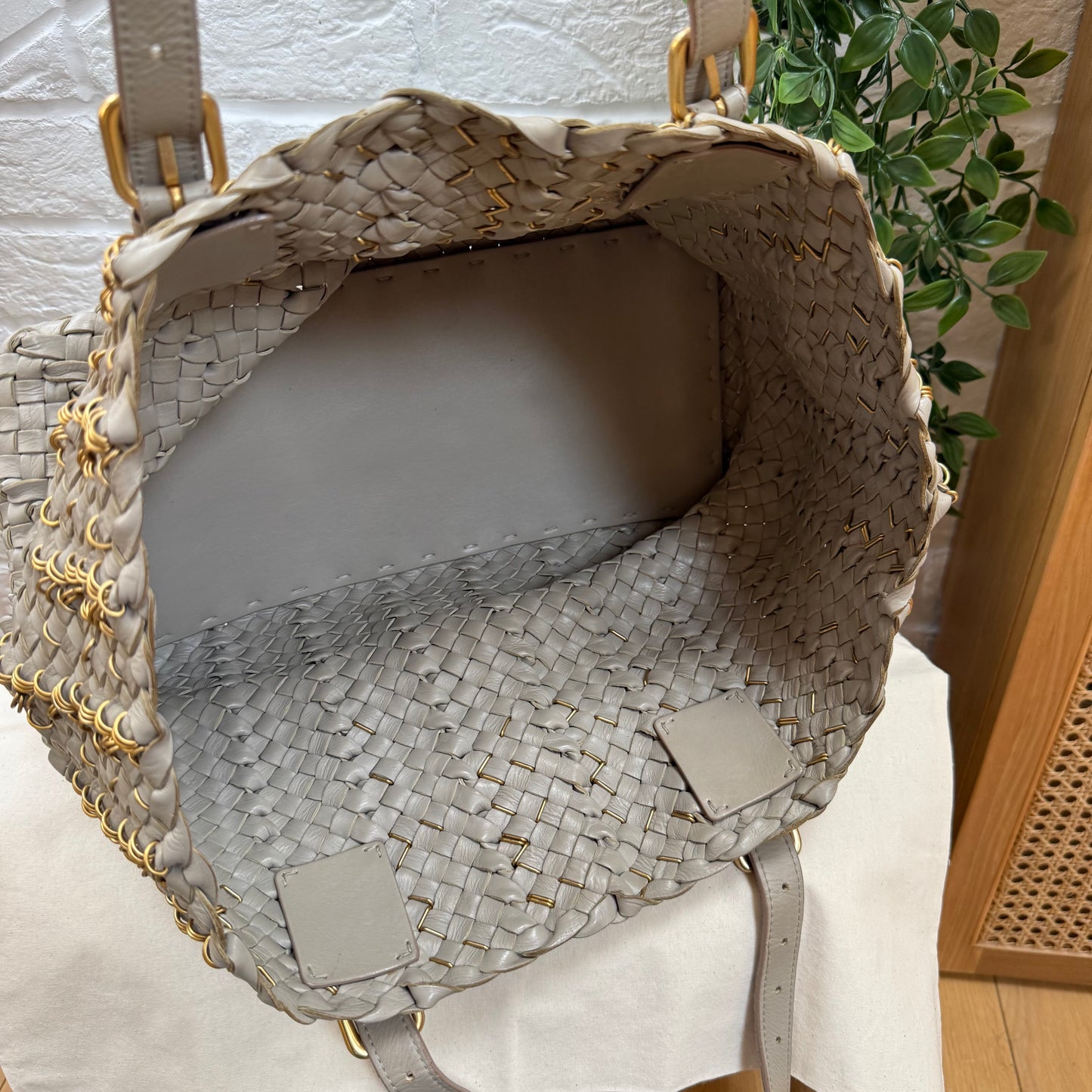 Bottega Veneta Lido Taupe & Gold ring tote